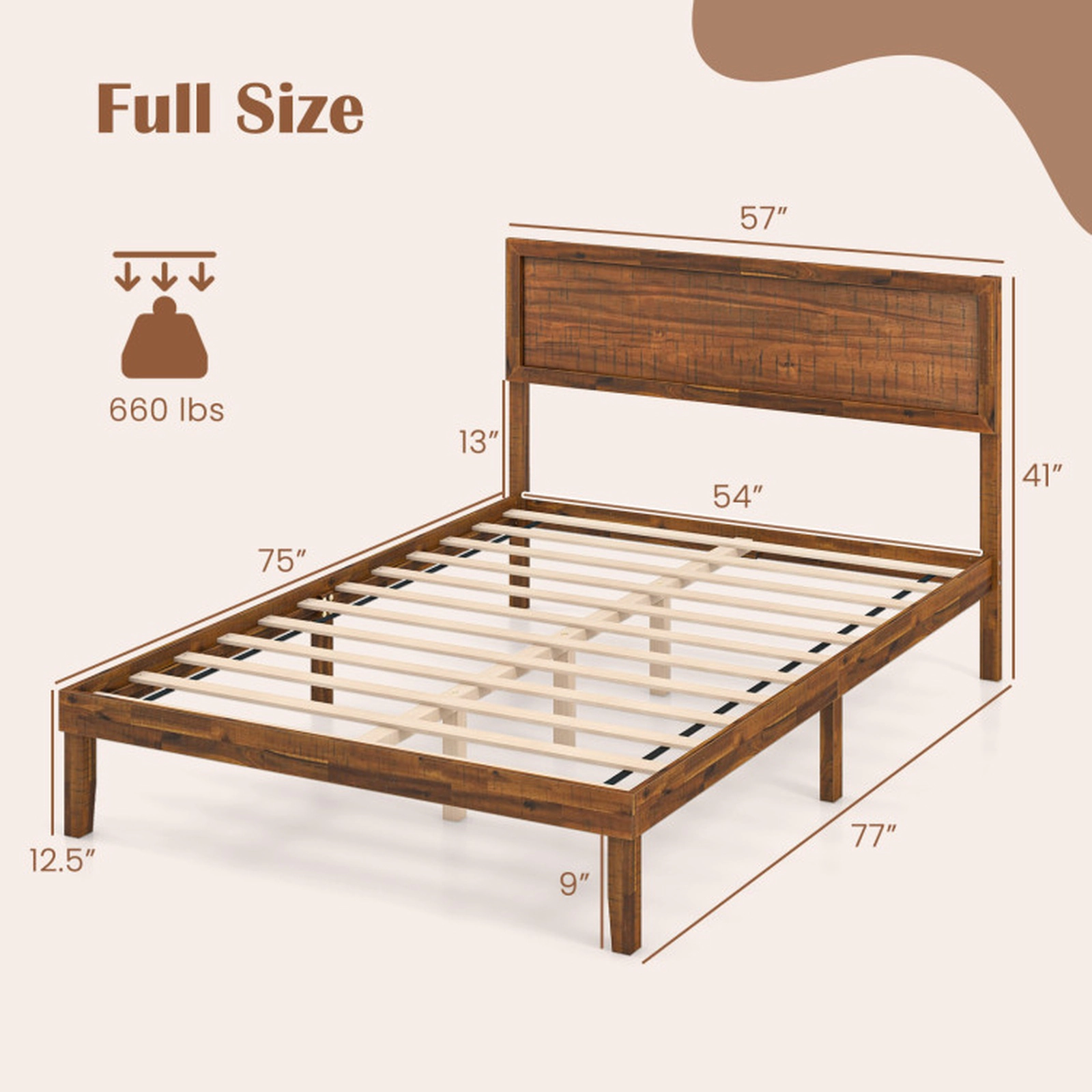 SUGIFT Walnut High Headboard and Slat Support Full Size Wooden Platform Bed Frame