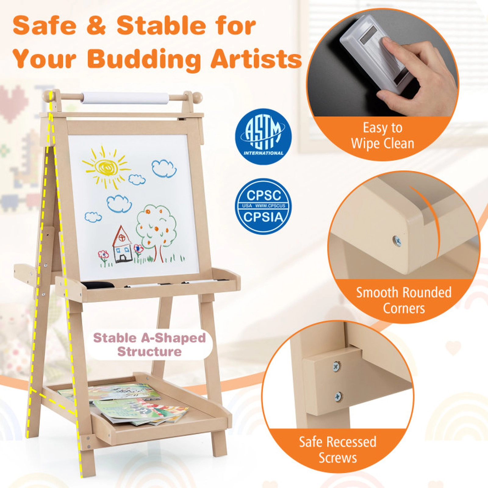 SUGIFT 3-in-1 Double-sided Art Easel with Chalkboard and Magnetic Whiteboard 33-lb Tray Capacity Ages 3+ Natrual