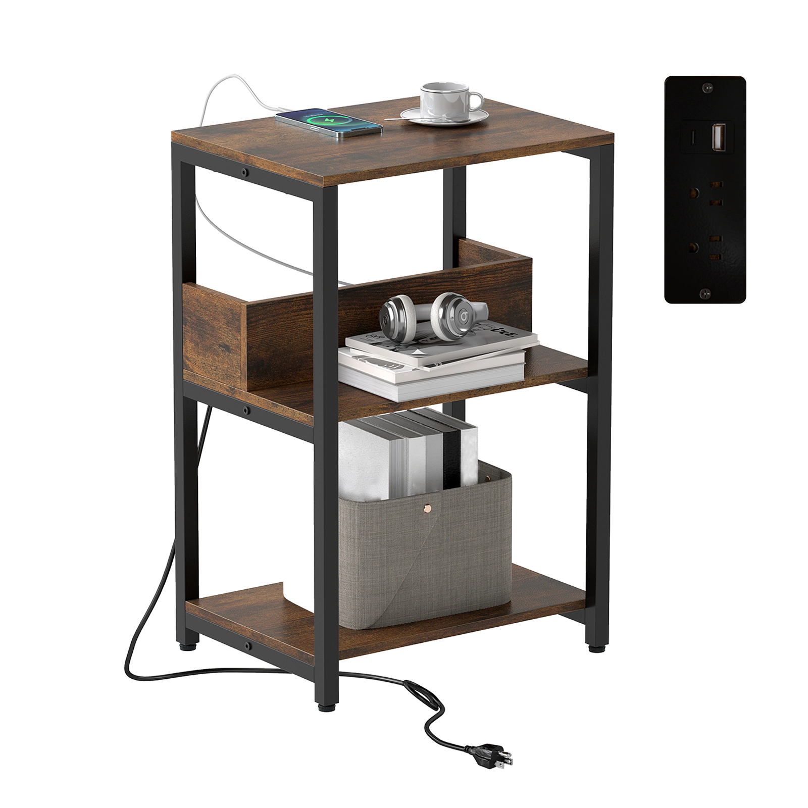 Glintex 3-Tier Side Table with Hidden Charging Station and Metal Frame, Rustic Brown
