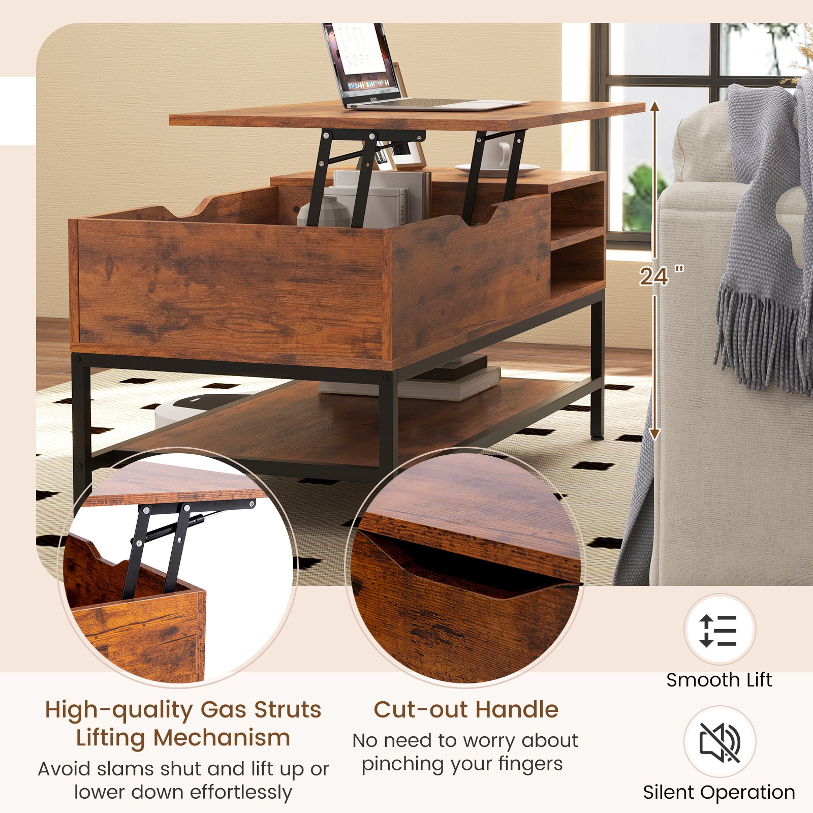 SUGIFT Lift Top Hidden Compartment Removable Shelf Coffee Table 39.5-in x 19.5-in x 19-in 88-lb Capacity Rustic Brown