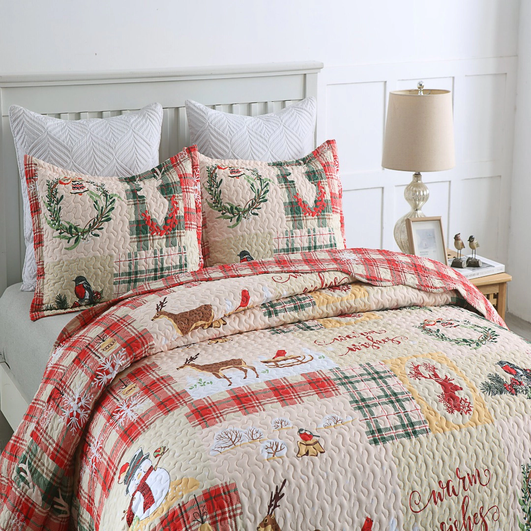 MarCielo 3 Piece Christmas Quilt Set Lightweight Holiday Plaid Patchwork Bedspread Set