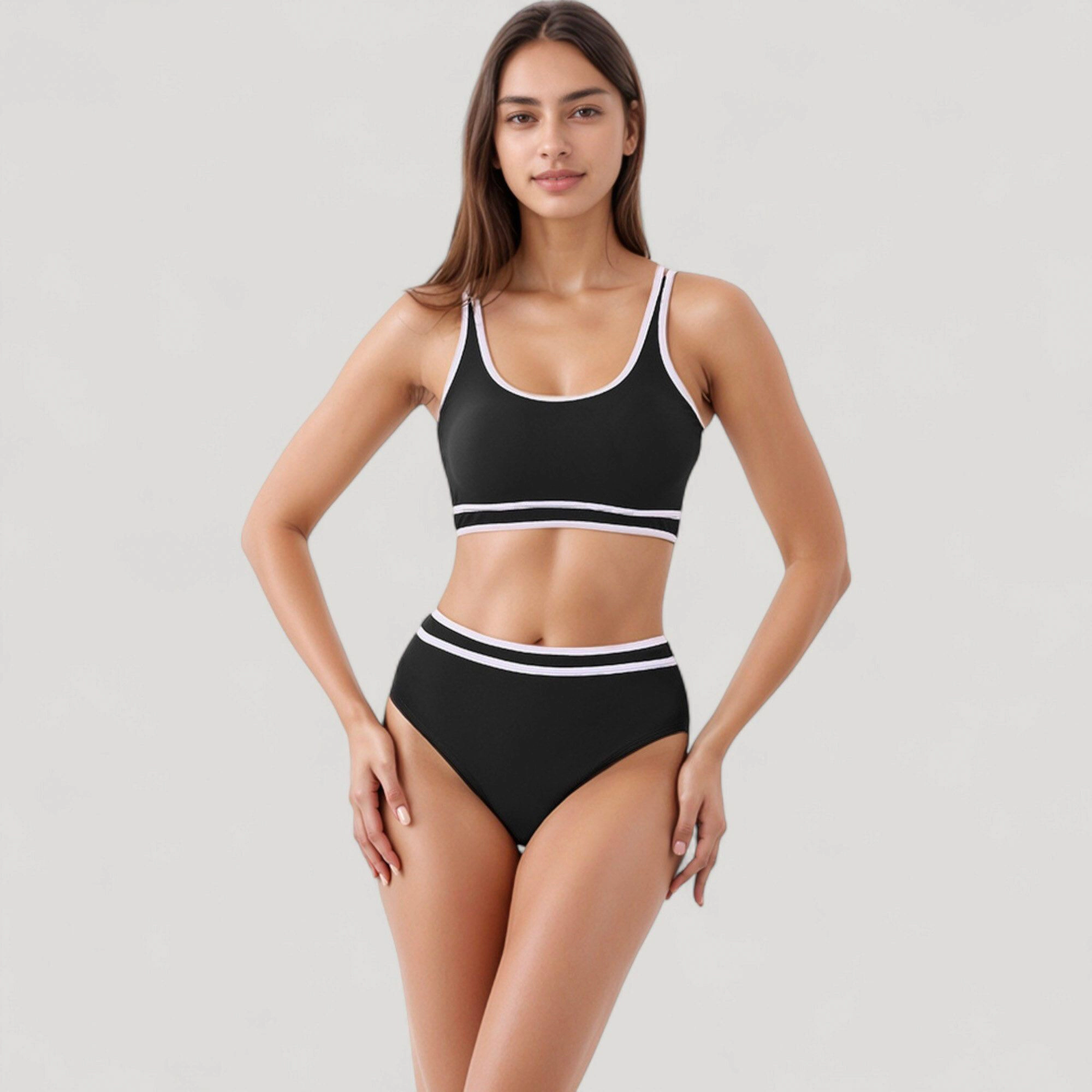 Anna-Kaci Sporty High-Waist Bikini Set, Scoop Neck Crop Top and High-Rise Bottoms