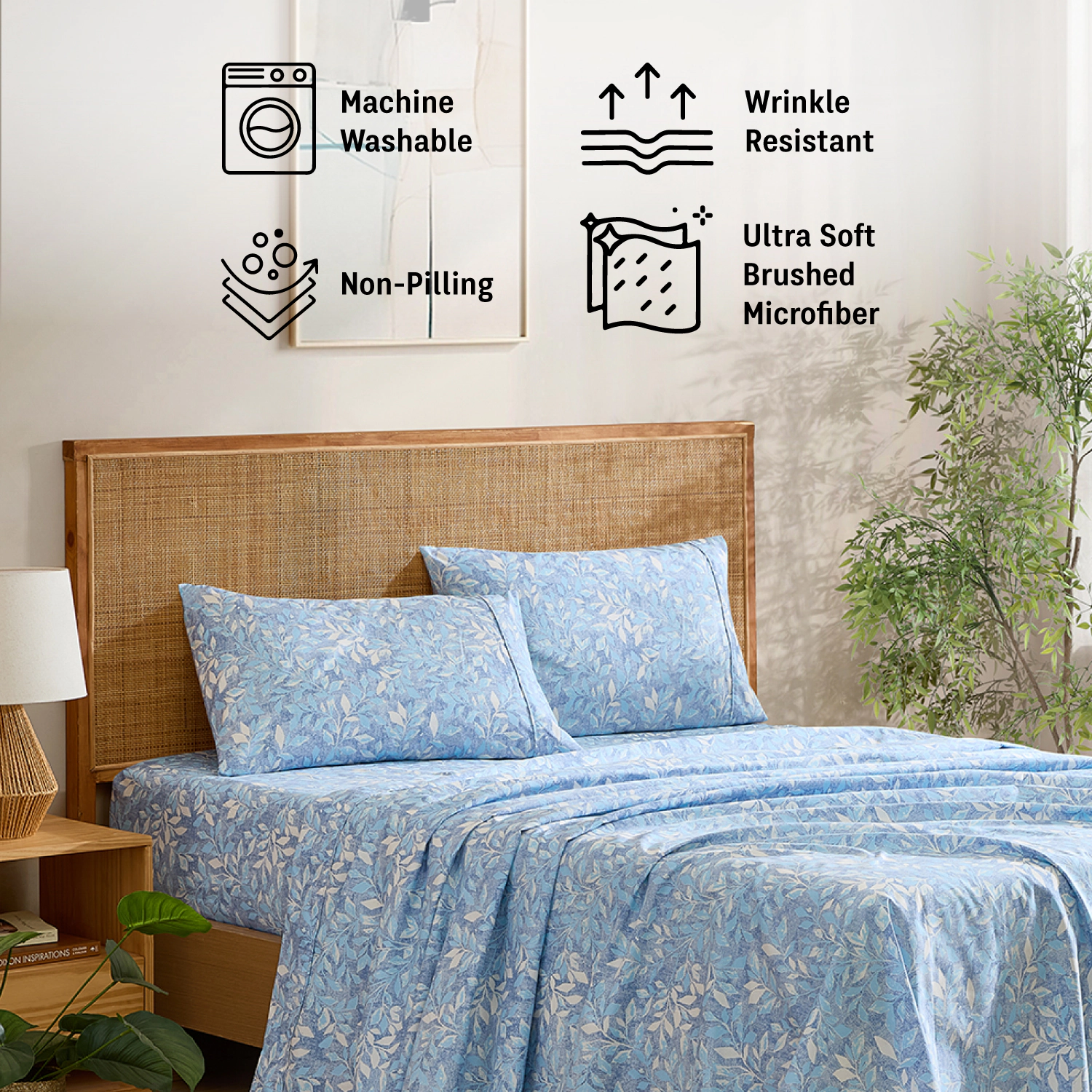 HLC.ME Leaves Printed Floral Bed Sheets Set - Wrinkle Resistant & Ultra Soft Fits Mattresses up to 15 Inches Deep