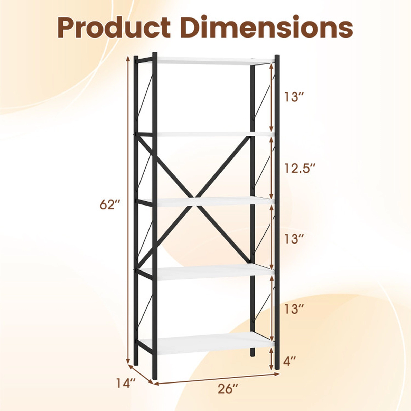 SUGIFT 5-Tier White 62-in Tall Industrial Bookshelf with Heavy-Duty Metal Frame and 4-in Clearance