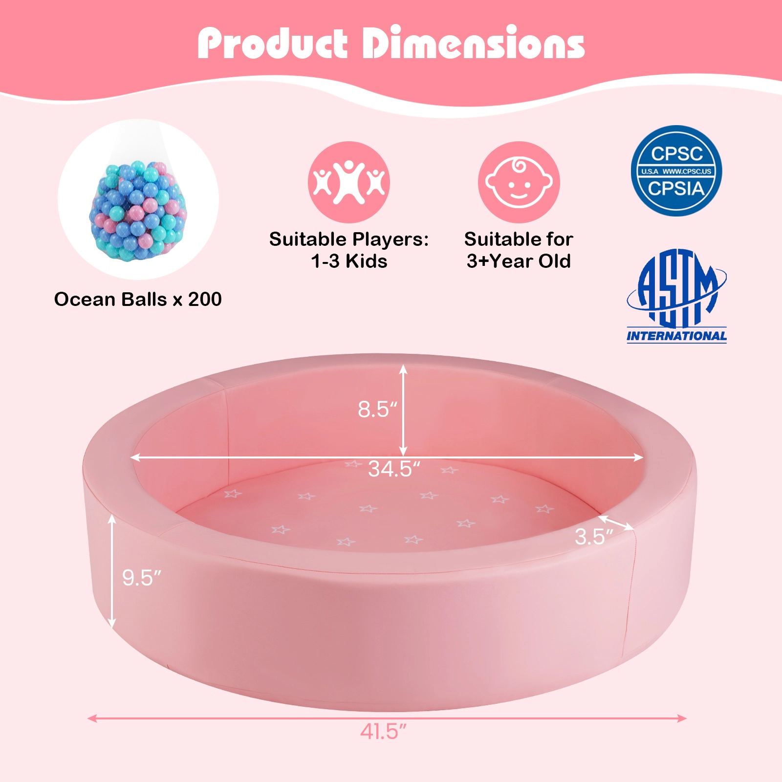 SUGIFT 25D Sponge Round Foam Climber Ball Pit Washable PU Cover 41.5-in Diameter Ages 3+ with 200 Spheres Pink & Gray