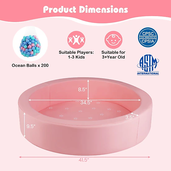 SUGIFT 25D Sponge Round Foam Climber Ball Pit Washable PU Cover 41.5-in Diameter Ages 3+ with 200 Spheres Pink & Gray