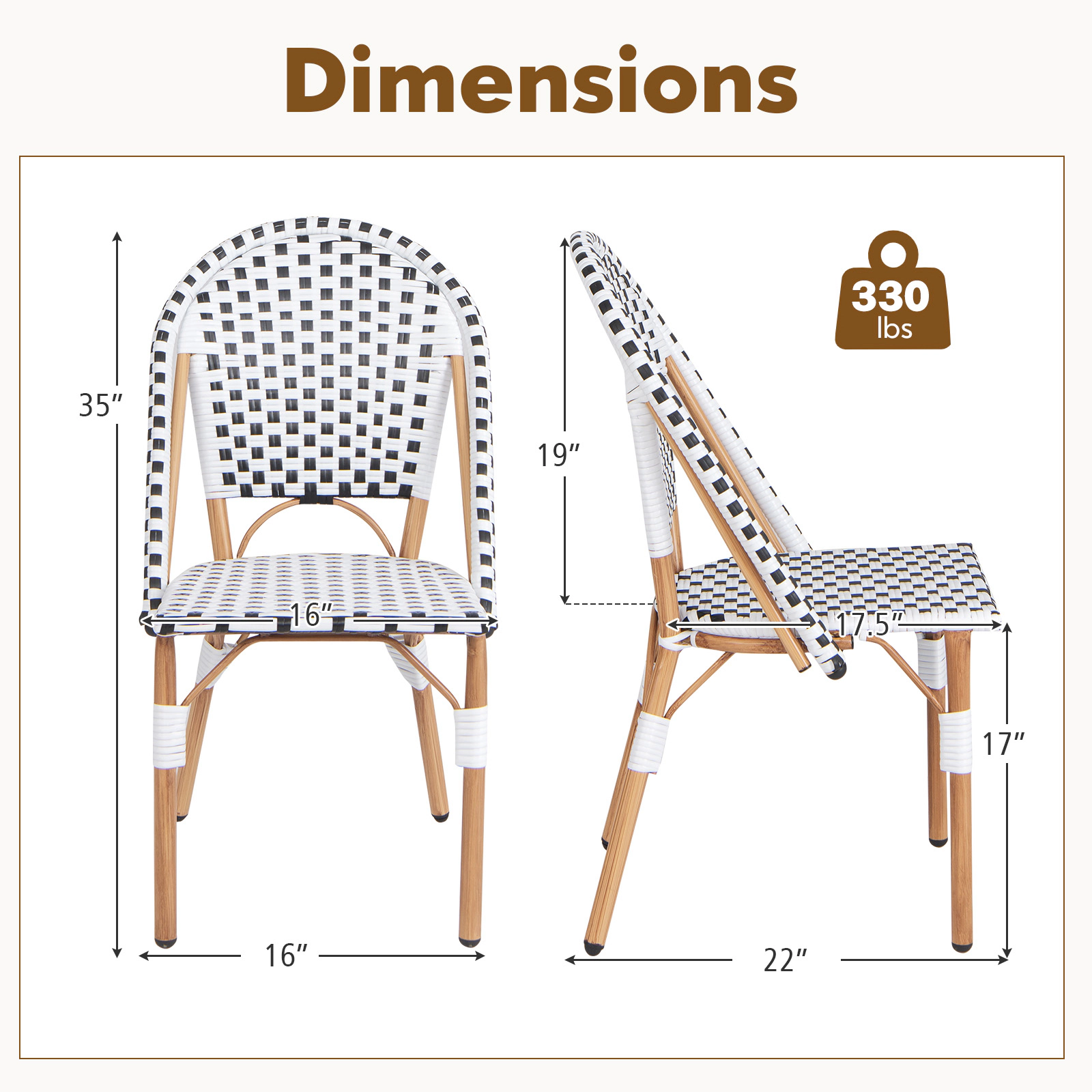 SUGIFT French Bistro PE Rattan Dining Chair Set of 2 with Galvanized Metal Frame 330-lb Capacity White Black Natural