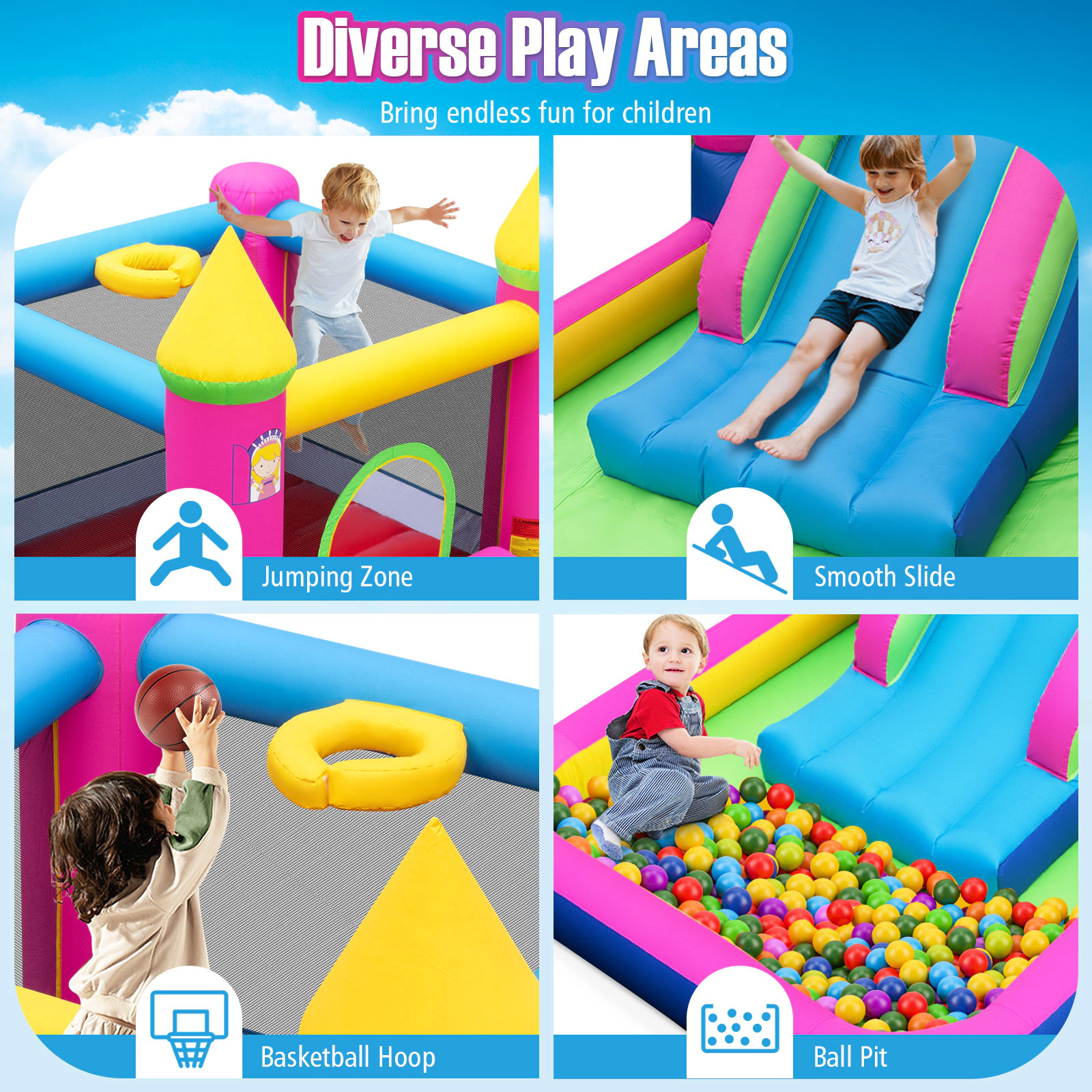 4-in-1 Princess Bouncy Castle Inflatable Bounce House with Slide Basketball Hoop Ball Pit