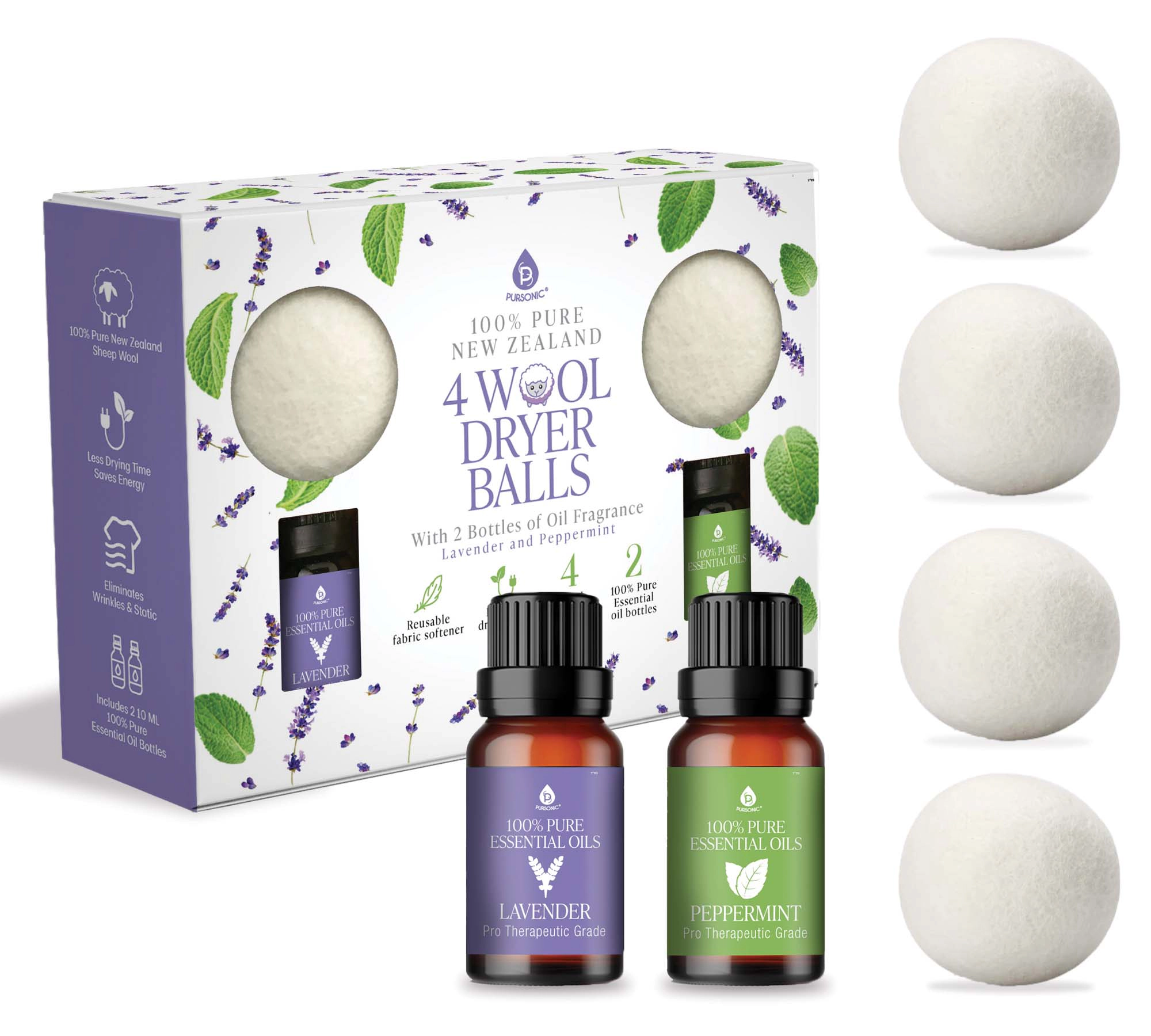 Pursonic Unisex Eco-Friendly Reusable Wool Dryer Balls with Lavender & Peppermint Oils