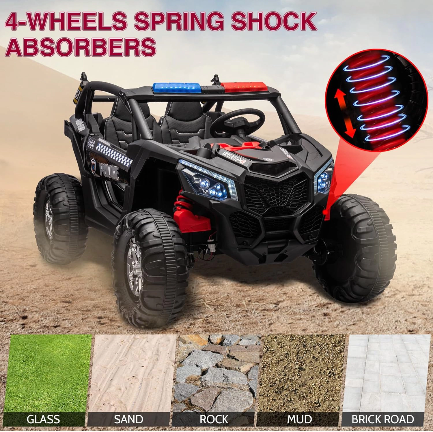 Enjyam 24V 2-Seater Kids UTV, 4WD Ride On Car w/Remote, 4×75W Motors, Leather Seats, Suspension, Music & LED Lights