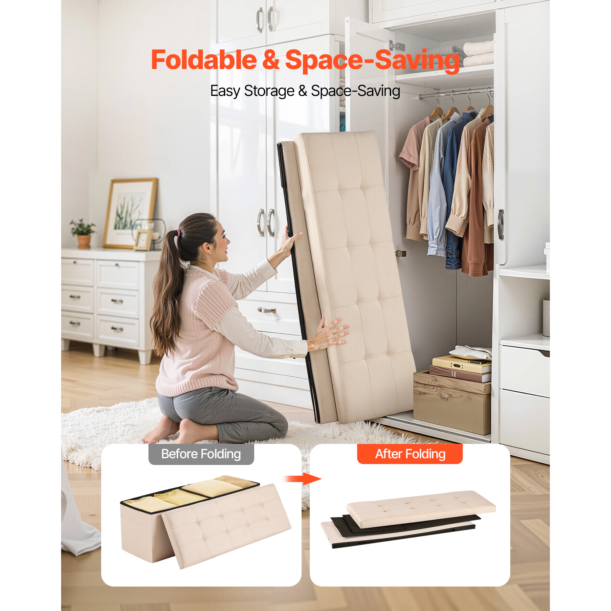 HONGGE Foldable Storage Ottoman Bench End of Bed Bench with Side Bags Folding Upholstered Storage Chest Supports 660
