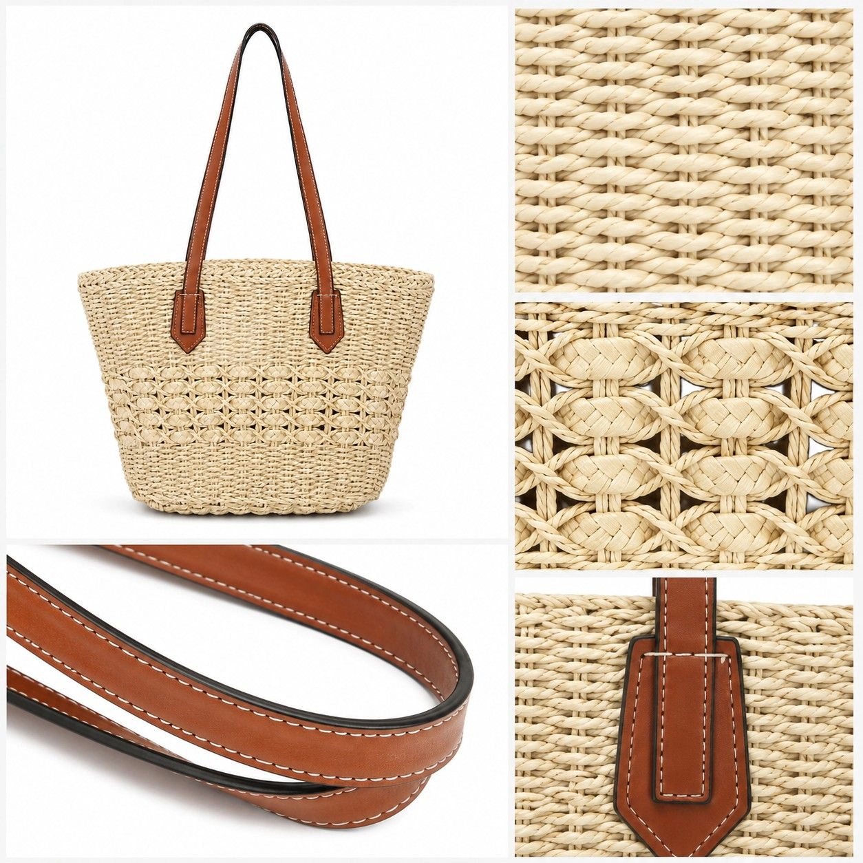Alilang Women's Woven Straw Tote Bag with Zip Closure Small Interior Pocket and Leather Handles, Khaki