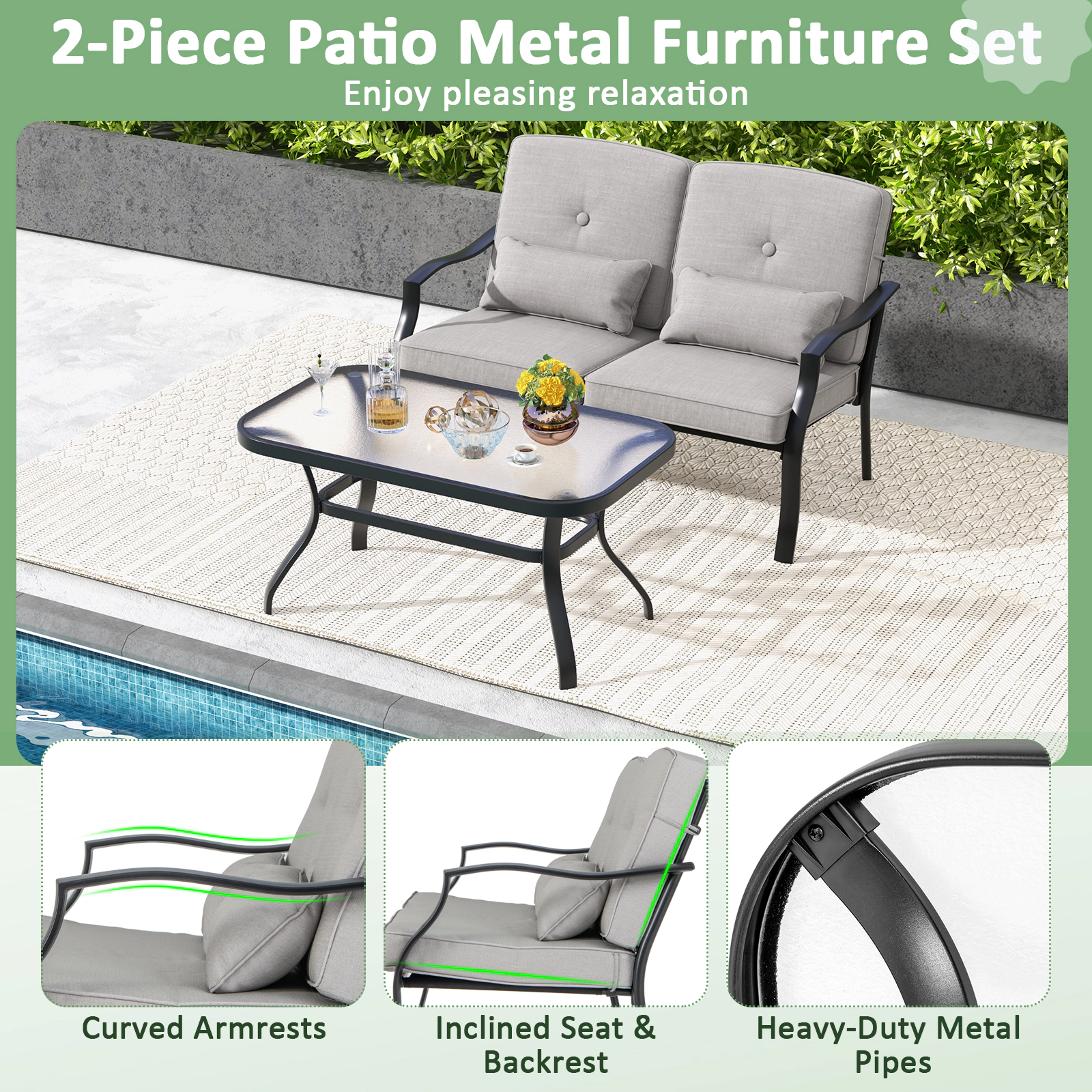 SUGIFT Outdoor Conversation Loveseat Set Tempered Glass Coffee Table 660-lb Loveseat Capacity Black Frame Gray Cushions