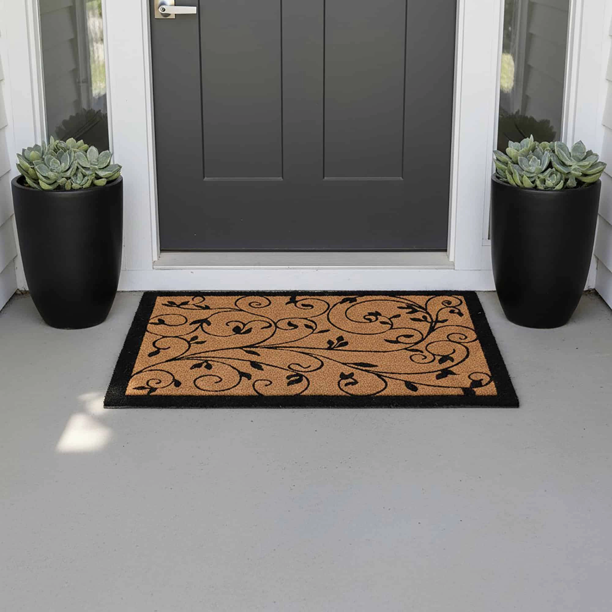 Evideco French Home Goods Natural and Black Leafy Vine Coir Doormat 30 x 18 Inches