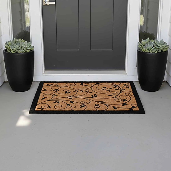 Evideco French Home Goods Natural and Black Leafy Vine Coir Doormat 30 x 18 Inches