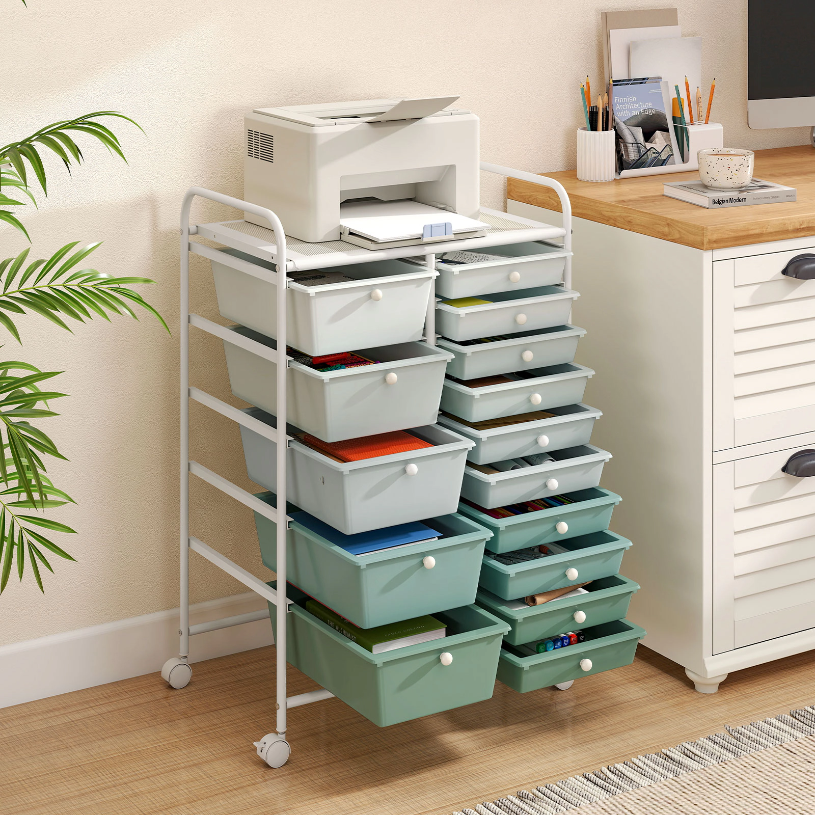 SUGIFT 15-Drawer Rolling Utility Storage Cart with Plastic Drawers 22-lb Top Capacity Lime Green