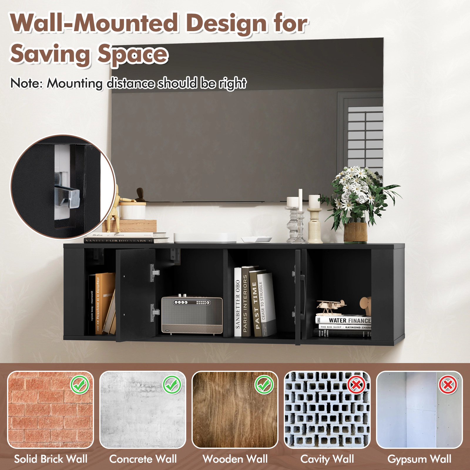 LJG Wall Mounted Floating 2 Door Desk Hutch Storage Shelves
