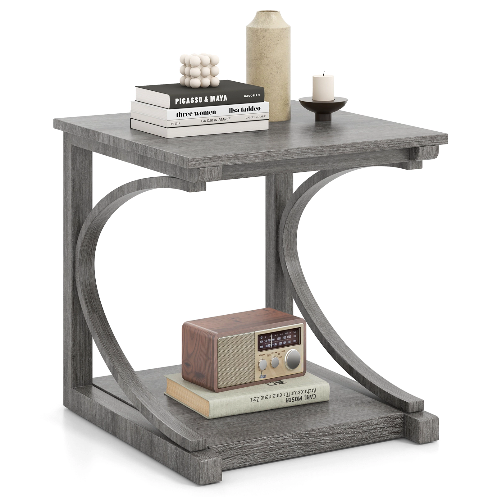 Glintex C-Shaped 24-Inch Square End Table with Rubber Wood Frame and 176-Lb Top, Gray