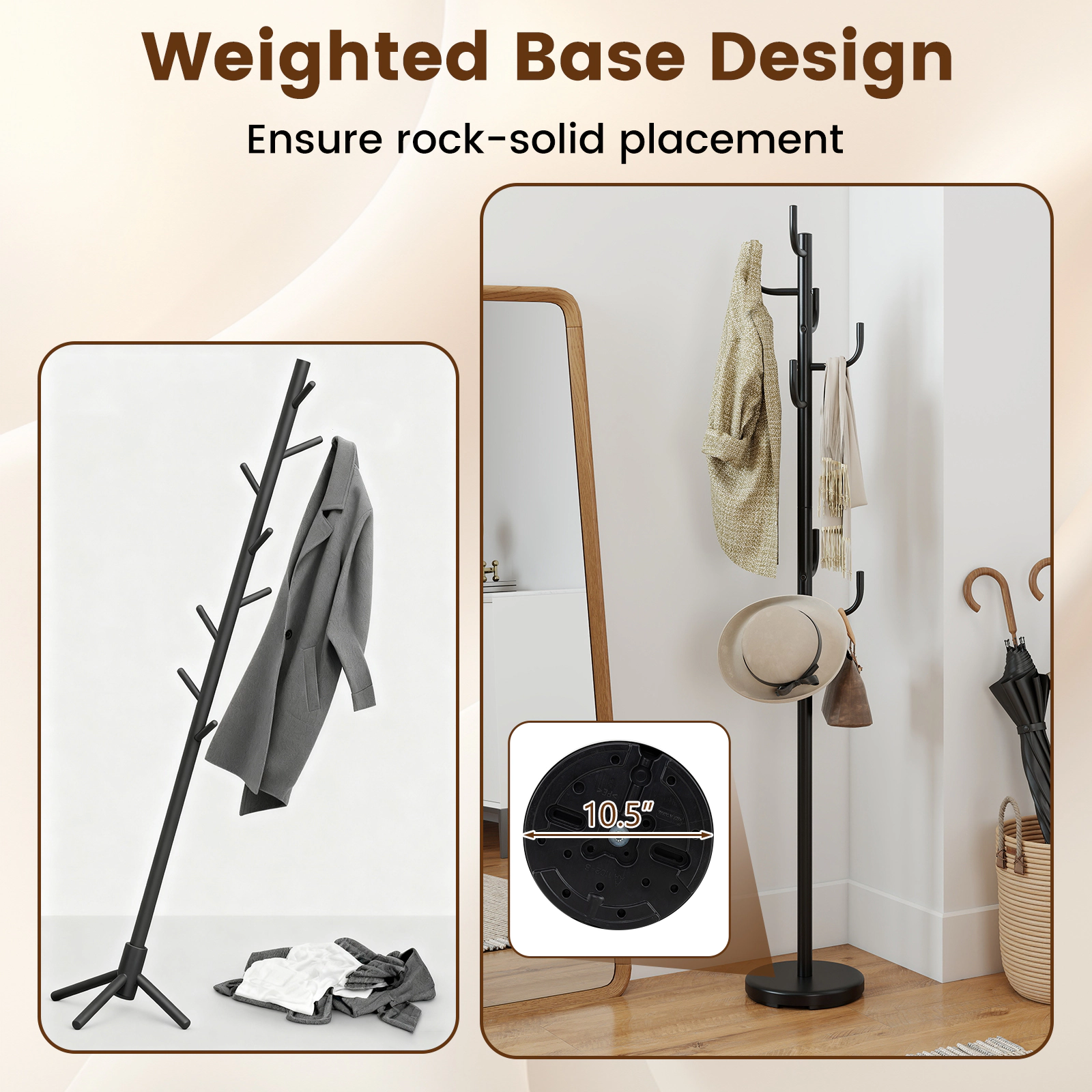 SUGIFT Black 69-in Tall Freestanding Metal Coat Rack Hat Tree with 8 Hooks and Weighted Round Base