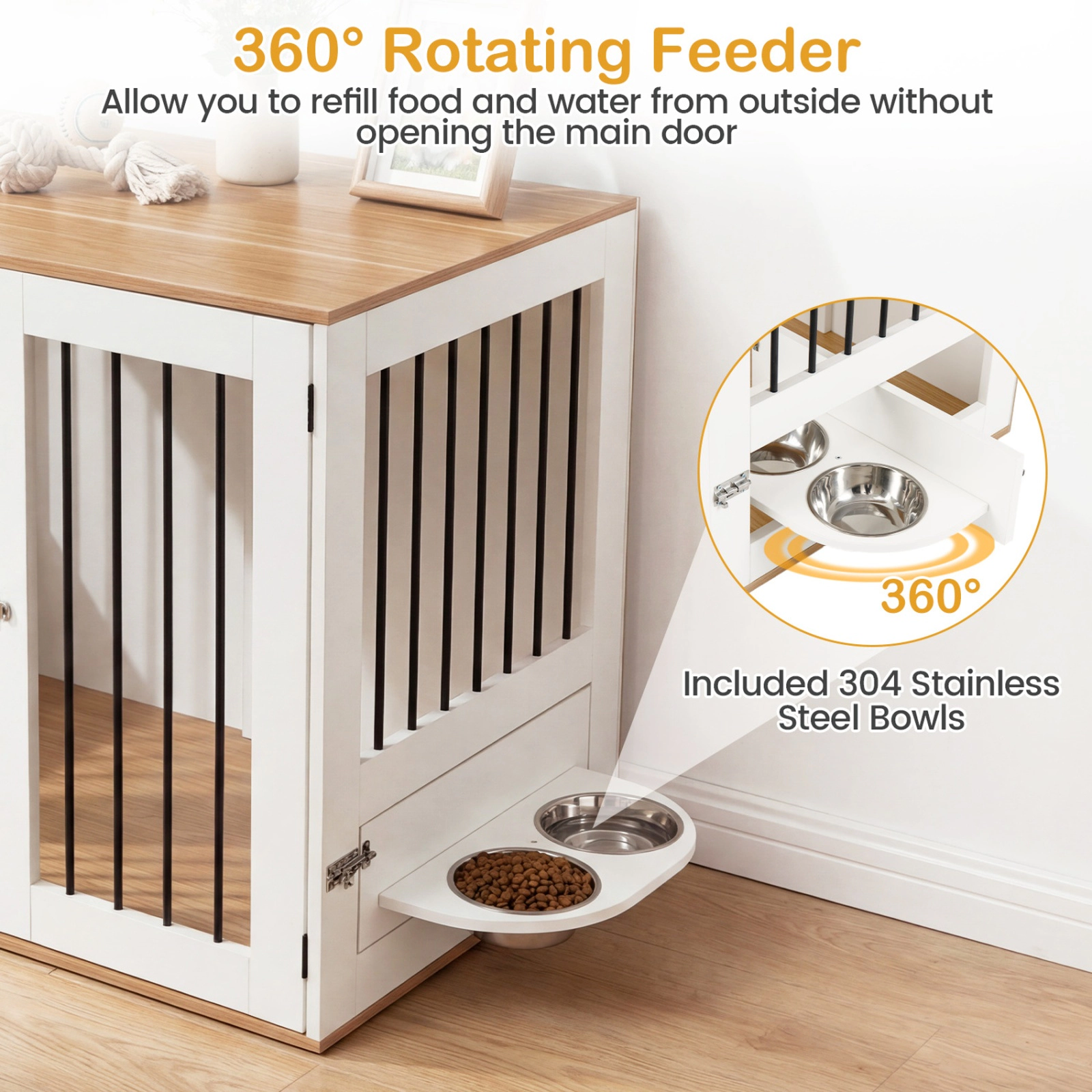 SUGIFT 31.5 in Dog Crate Furniture White Wooden Kennel with Double Lock Doors and Rotating Feeder