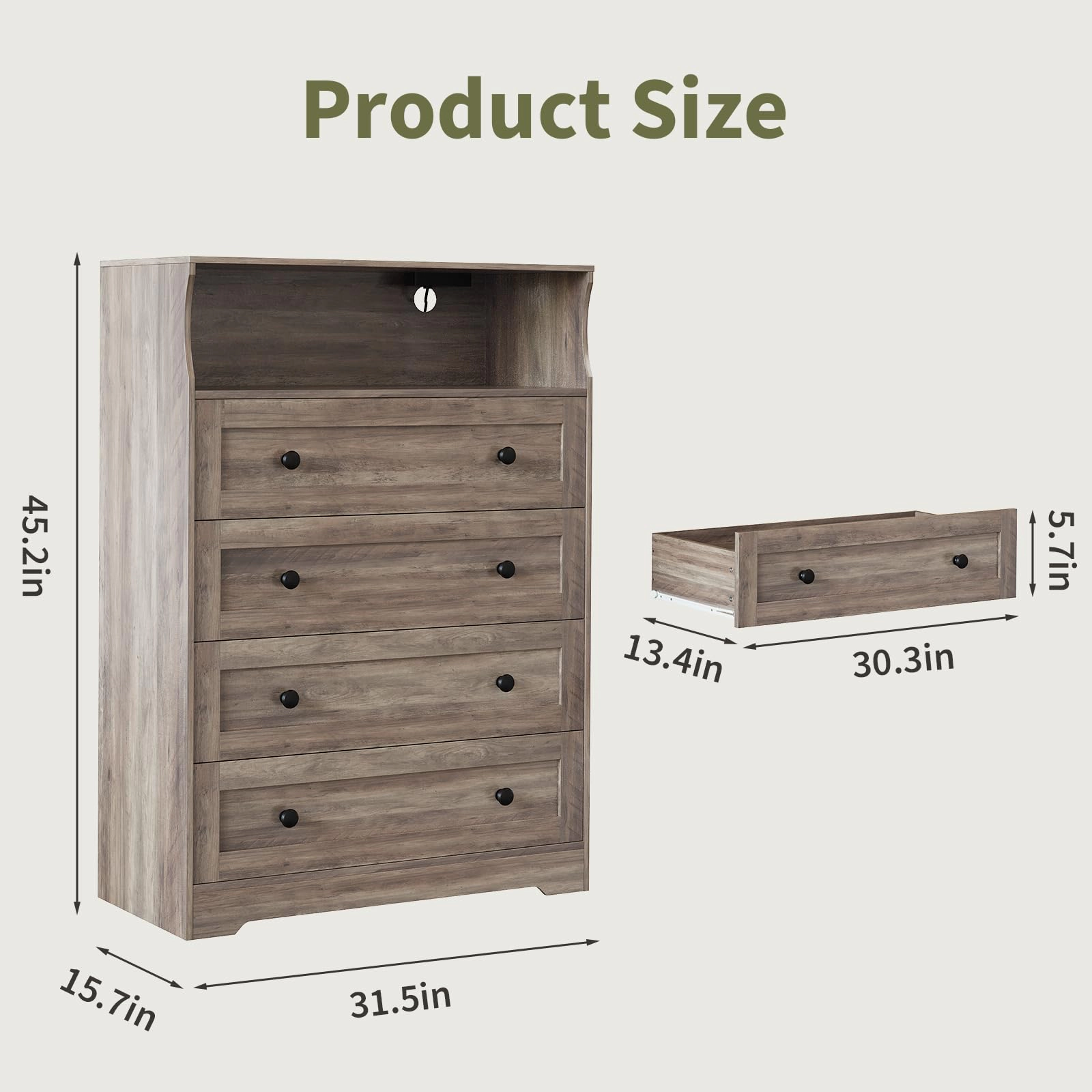 45.2" Tall 4 Drawer Dresser with LED Shelf & Charging Station, Wood Storage Chest