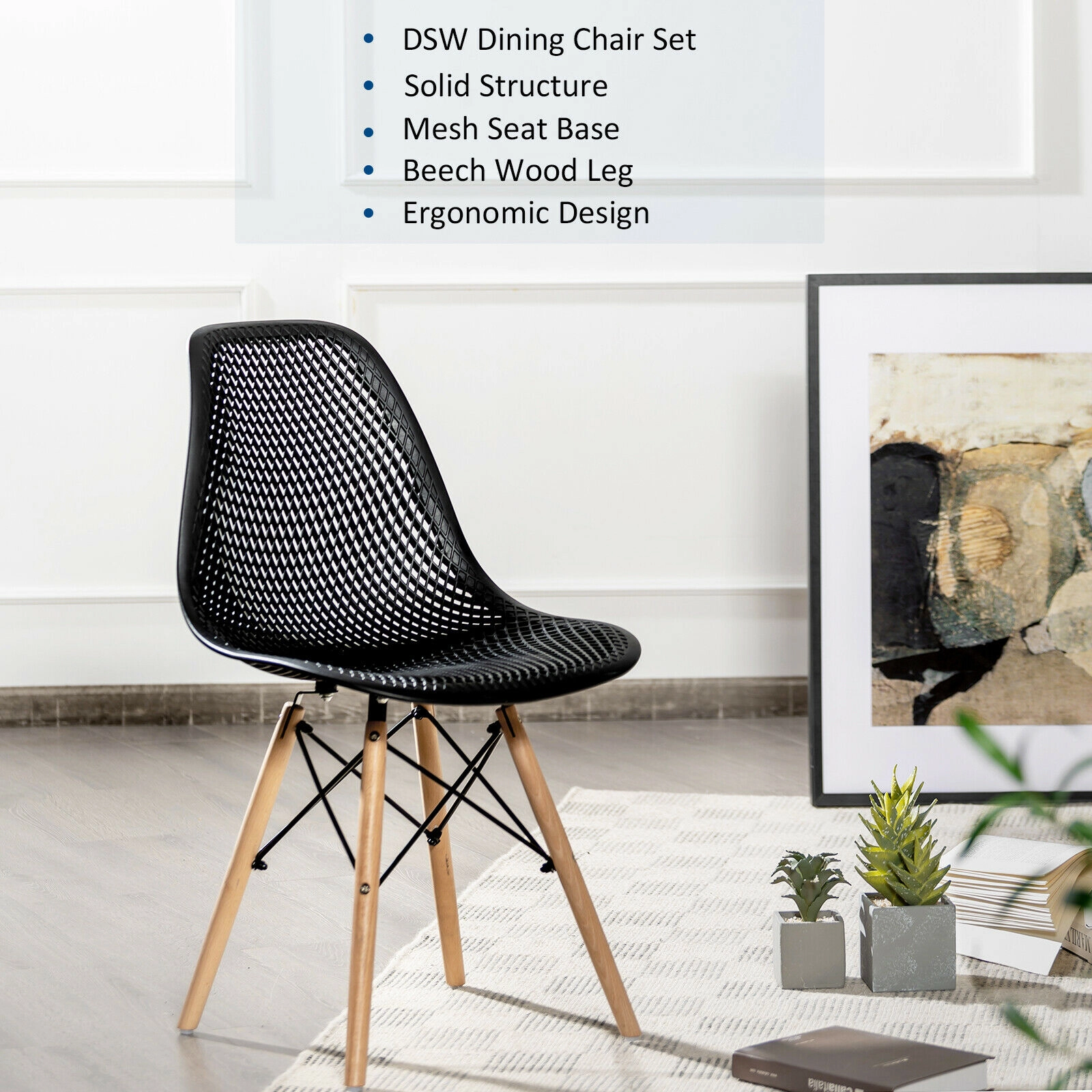SUGIFT Set of 4 Mid-Century Modern Plastic Dining Chairs with Mesh Seats and Beech Wood Legs