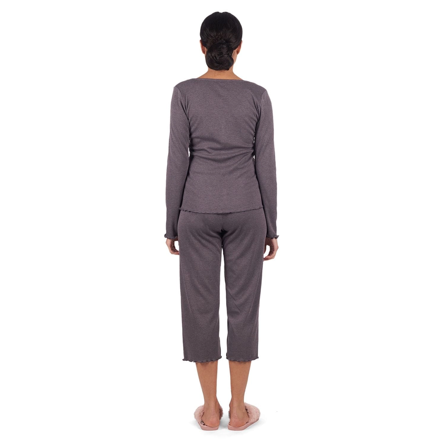 MeMoi Women's Ruffled Lettuce Edge Rib Long Sleeve and Capri Set