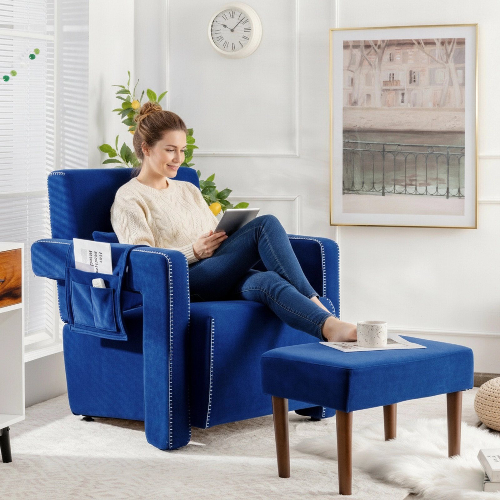 SUGIFT Berber Fleece Accent Chair and Ottoman Set, Deep Sapphire Blue
