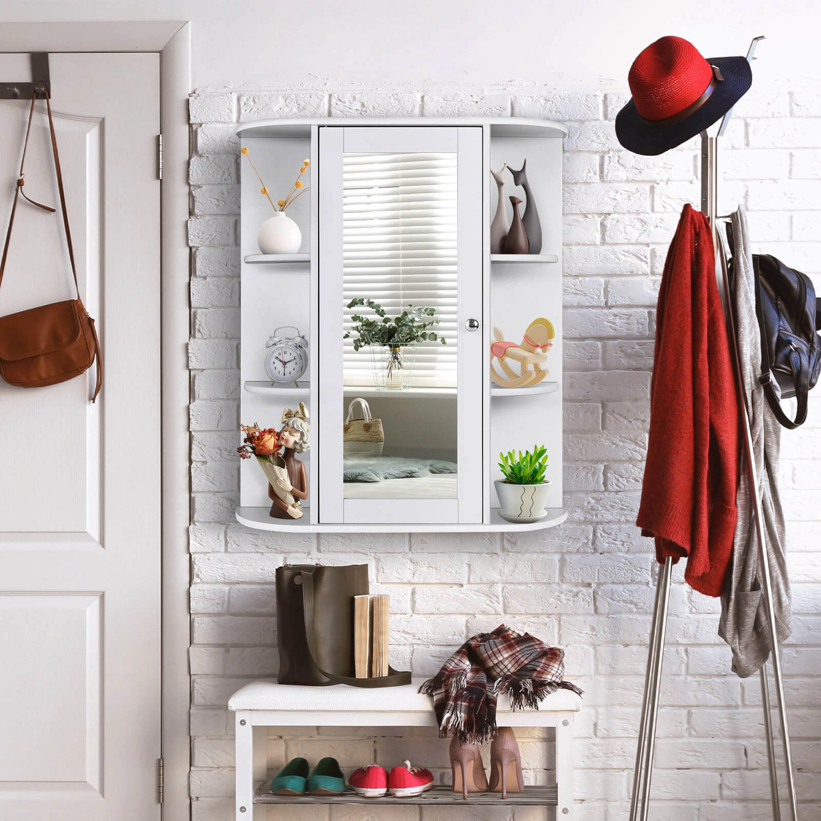SUGIFT Mirror Door 3 Adjustable Tiers 6 Open Shelves Bathroom Medicine Cabinet 23-in x 6.5-in x 27.5-in 80-lb White