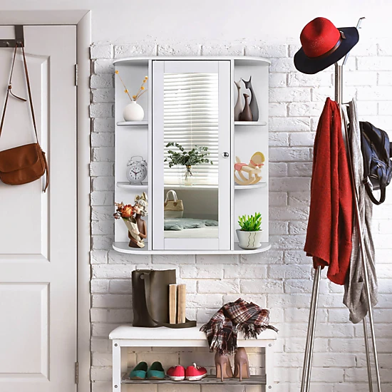 SUGIFT Mirror Door 3 Adjustable Tiers 6 Open Shelves Bathroom Medicine Cabinet 23-in x 6.5-in x 27.5-in 80-lb White