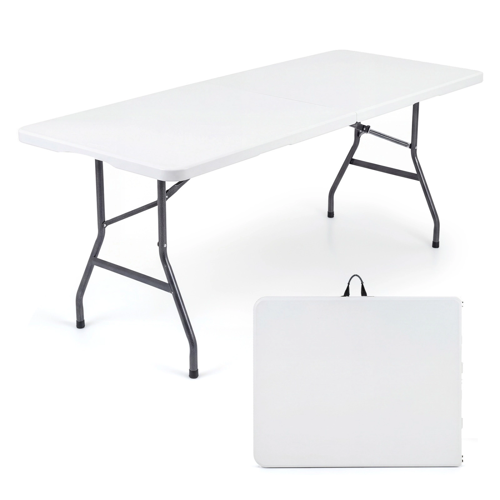 SUGIFT 6-Ft Fold-in-Half Camping Table 220-Lb Capacity with Metal Legs and Carry Handle White