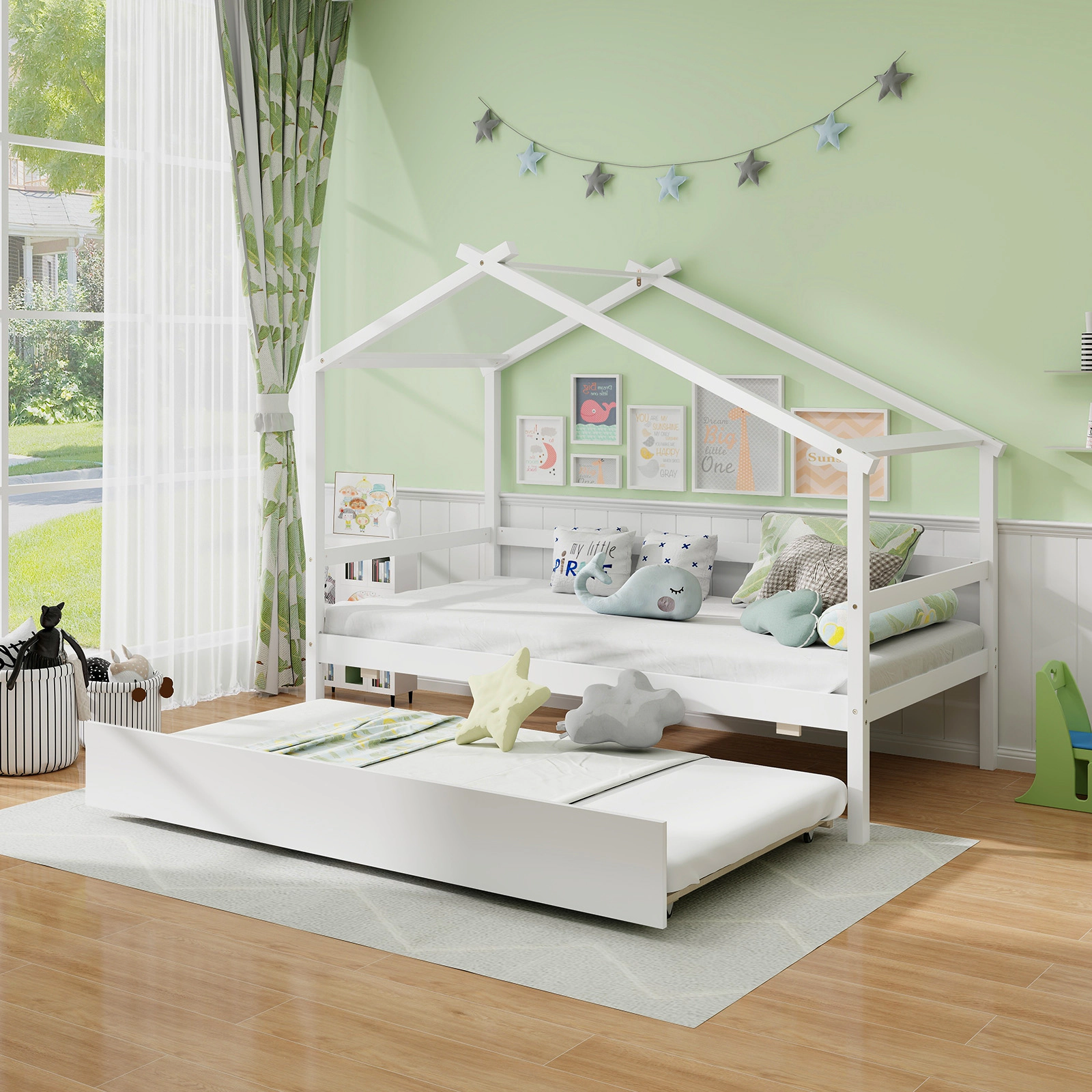 SUGIFT Kids Twin House Bed White with Trundle Roof Frame and Guardrails