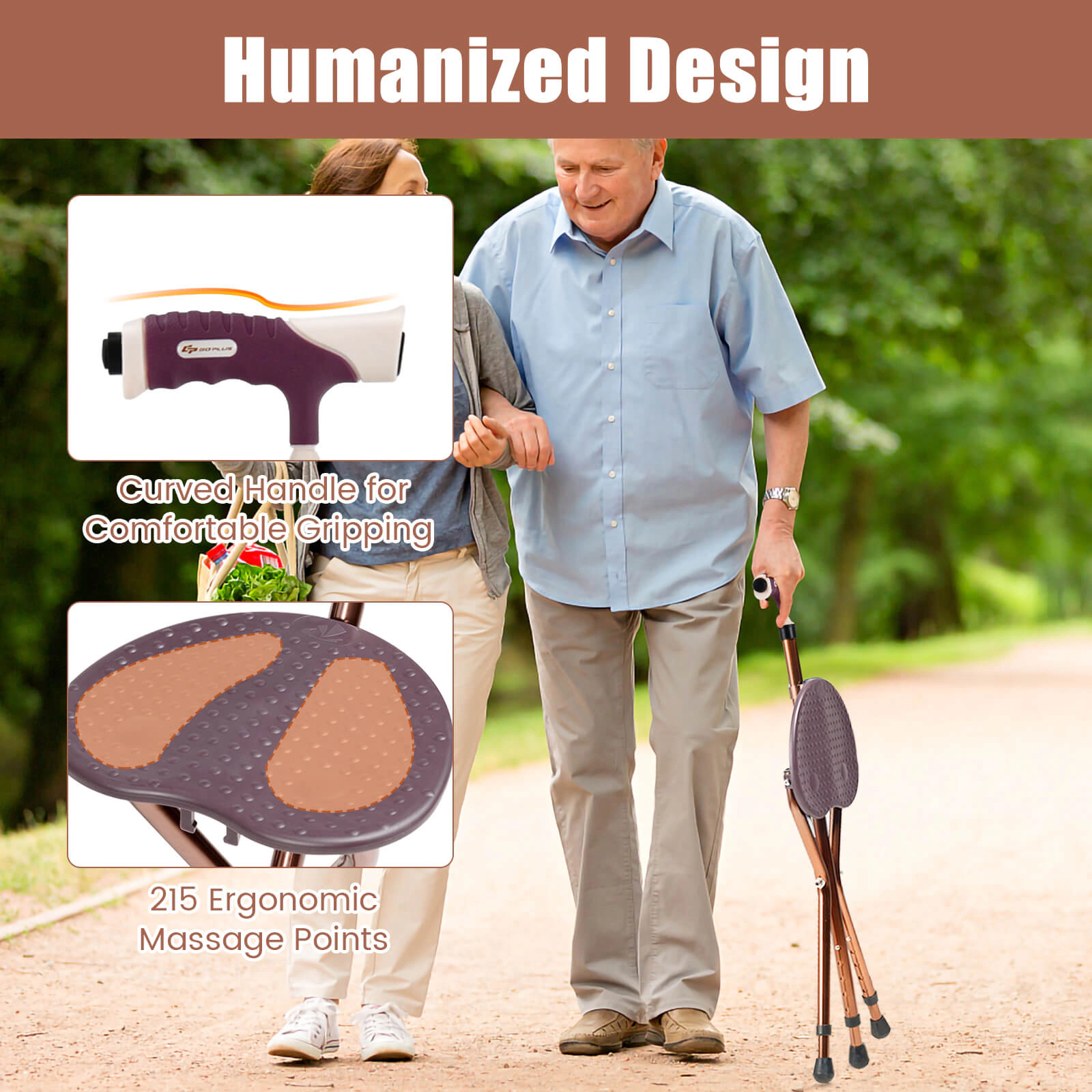 SUGIFT Brown Folding Walking Cane with Seat and LED Light 10-in W 8.5-in D 35.5-in H 220-lb User Capacity