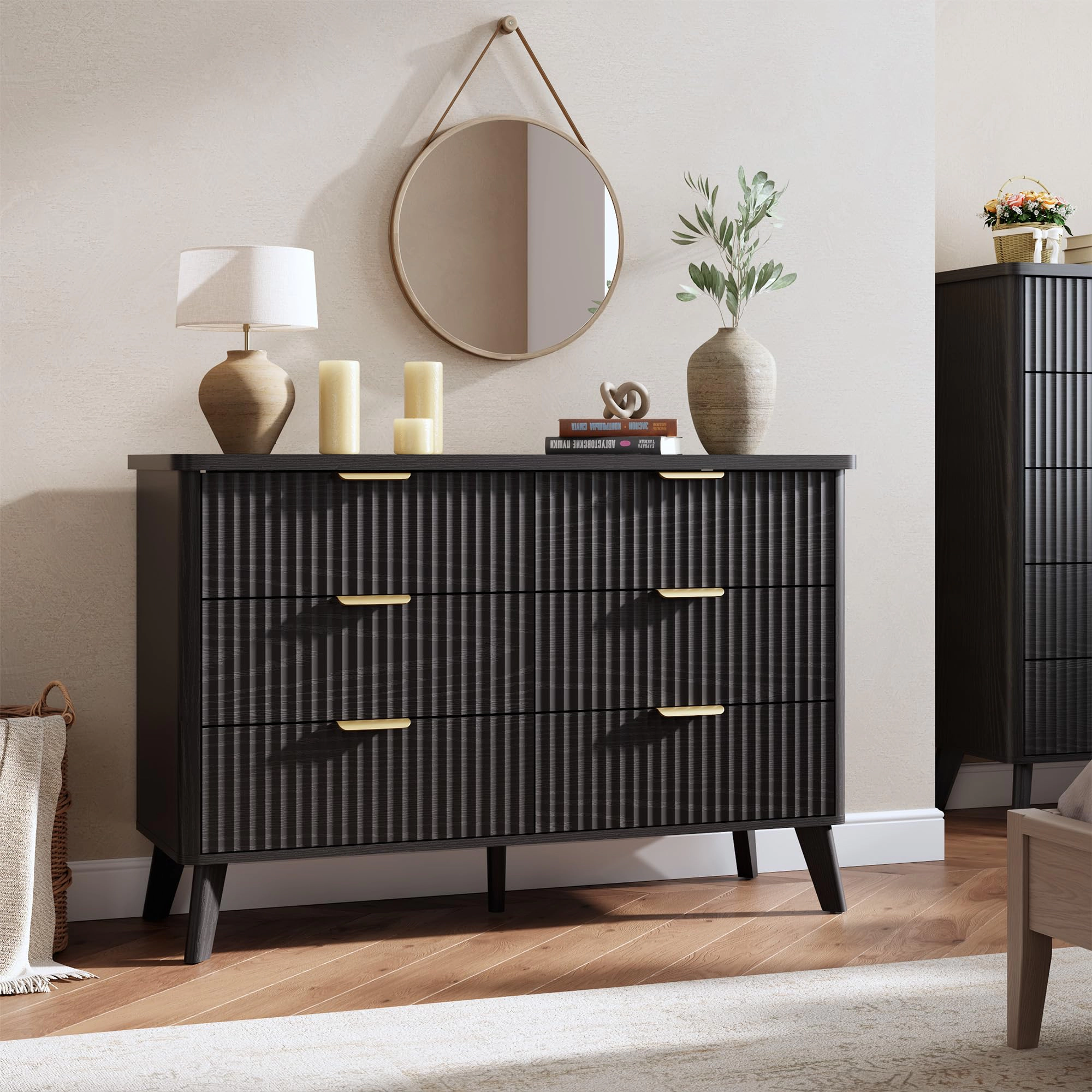 Fluted 6 Drawer Dresser, Curved Profile Design 47.2" Wide Wooden Chest & TV Stand for Bedroom Living Room