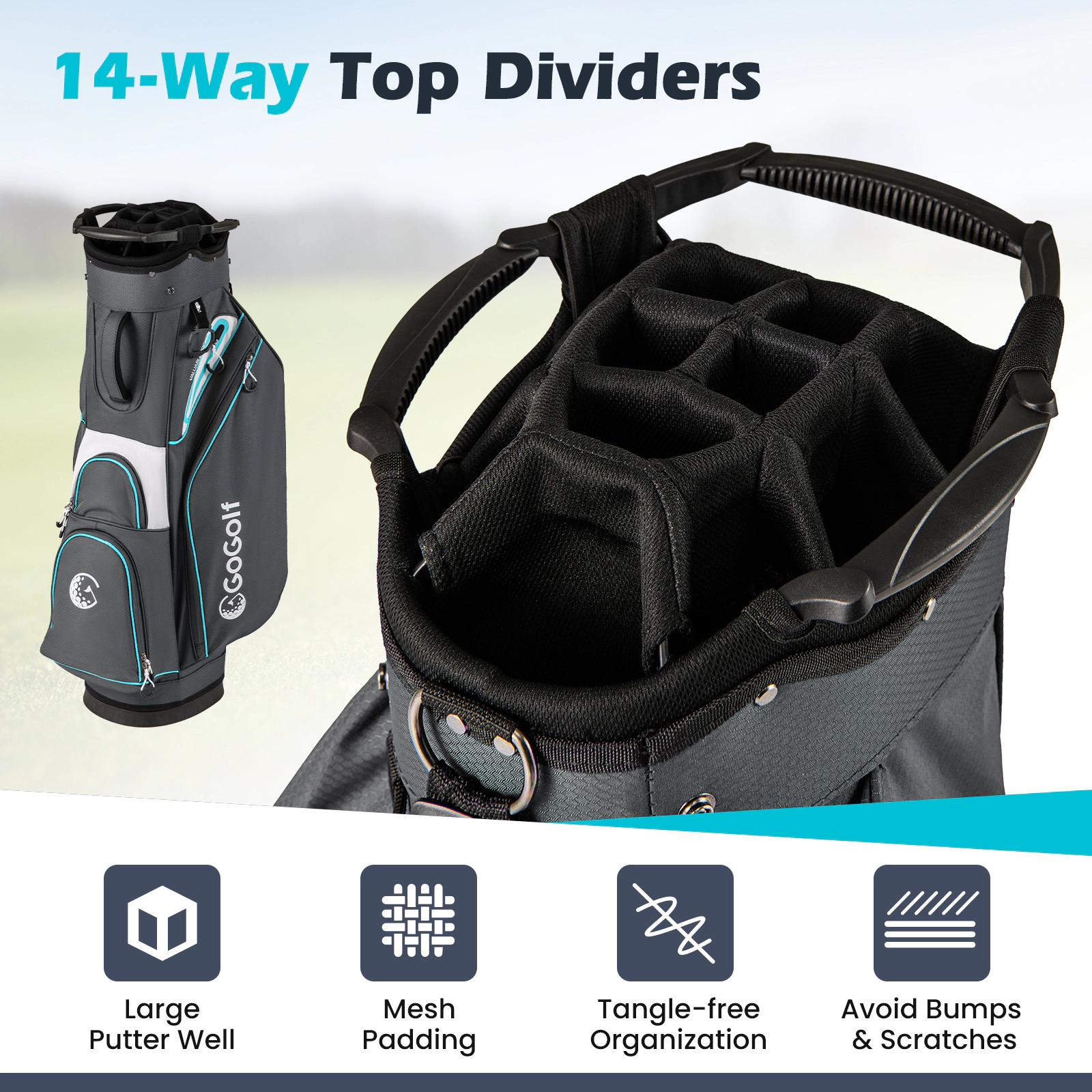 Lightweight Golf Cart Bag 14-Way Top 6 Zippered Pockets Cooler Pocket Removable Rain Hood Padded Strap Gray