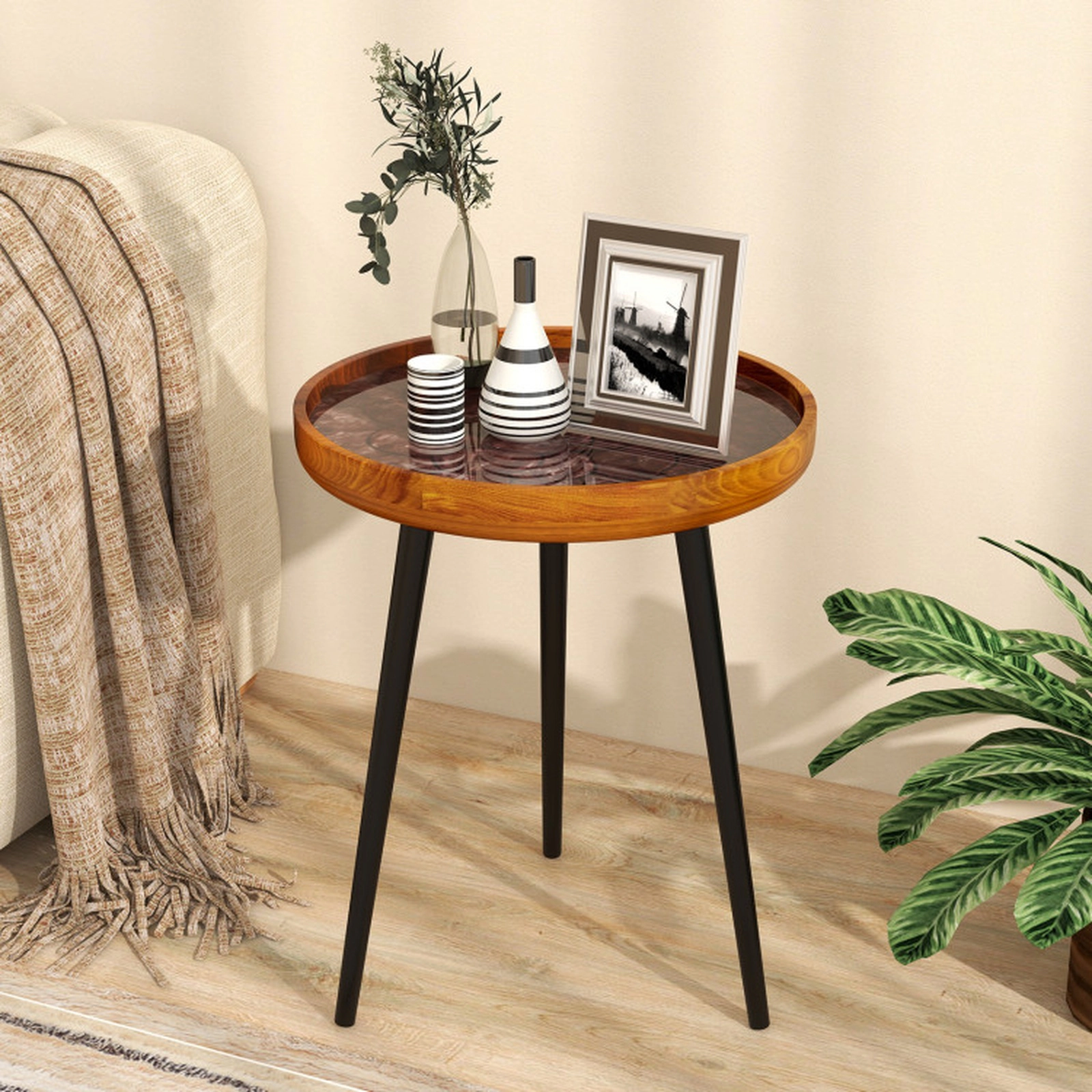 SUGIFT 16-in Round Sea Shell Accent End Table with Waterproof Epoxy Resin Tray Top and Teak Wood Surface