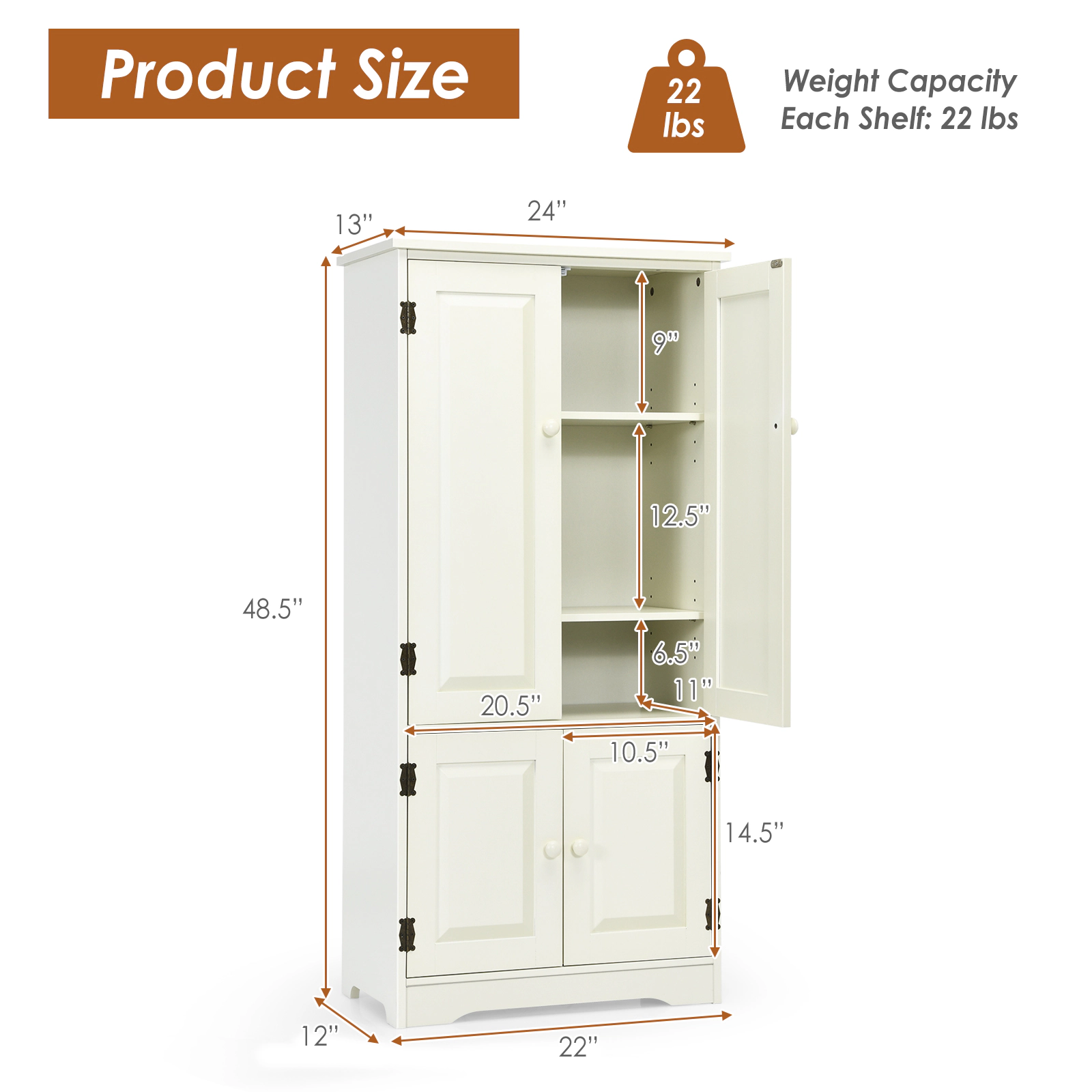 SUGIFT 49-in Tall 24-in Wide White Antique Accent Storage Cabinet with 2 Doors and 5-Height Adjustable Shelves