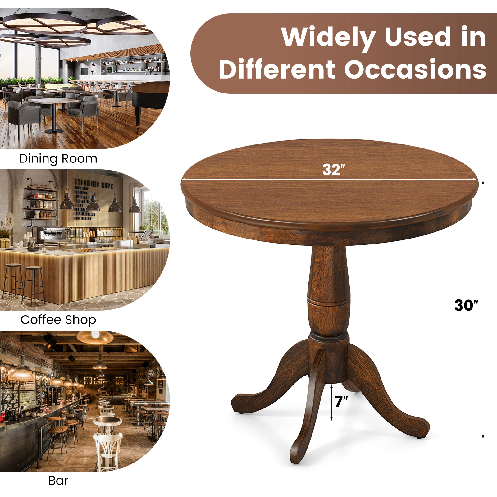 LJG 32 Inch Wooden Round Pub Pedestal Side Table