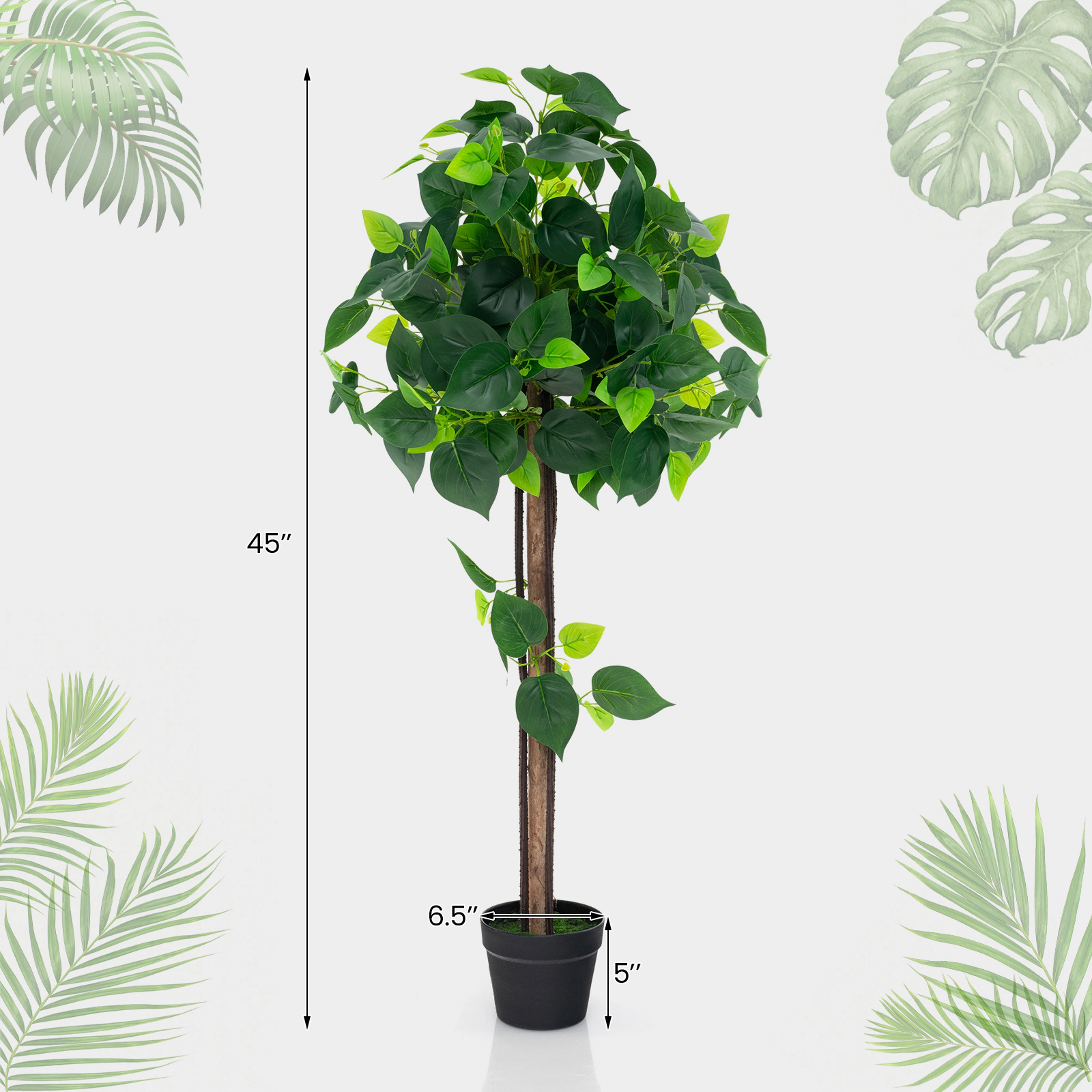 SlickBlue Artificial Hydrangea Tree with Mixed Green Foliage and Cement Filled Pot for Home Decor