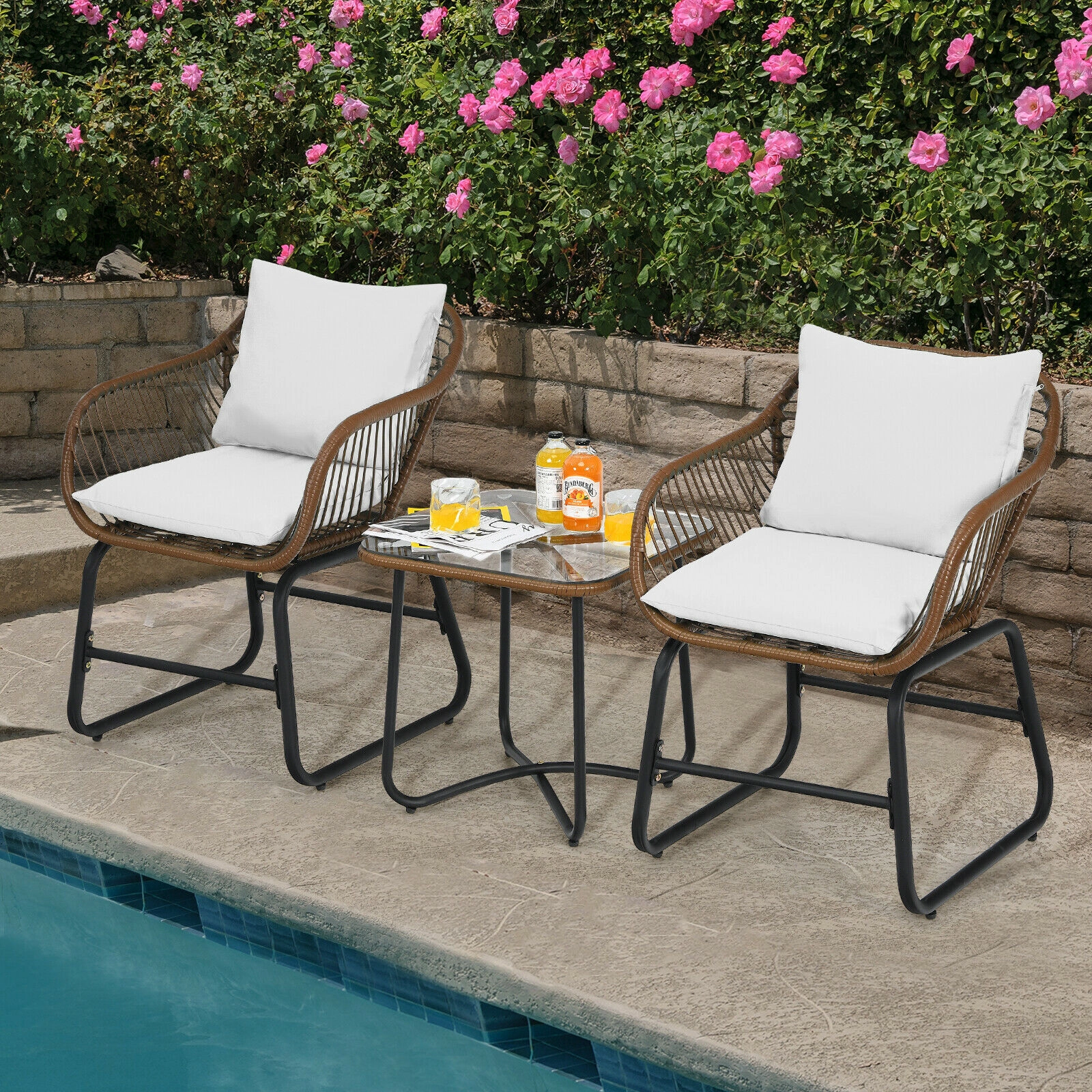 LJG 3 Pieces Patio Rattan Bistro Set Cushioned Chair Glass Table Deck