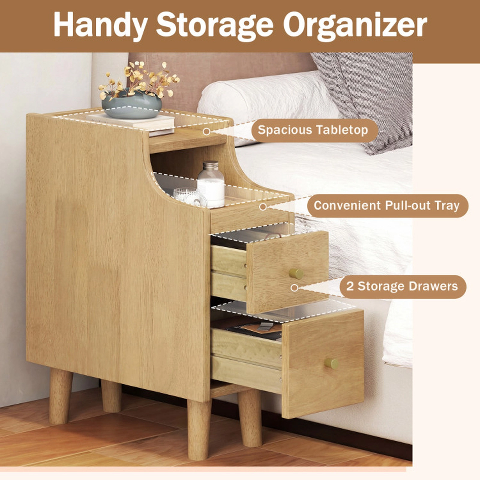 SUGIFT 8-Inch Narrow Brown Nightstand with Pull-Out Tray and 2 Drawers