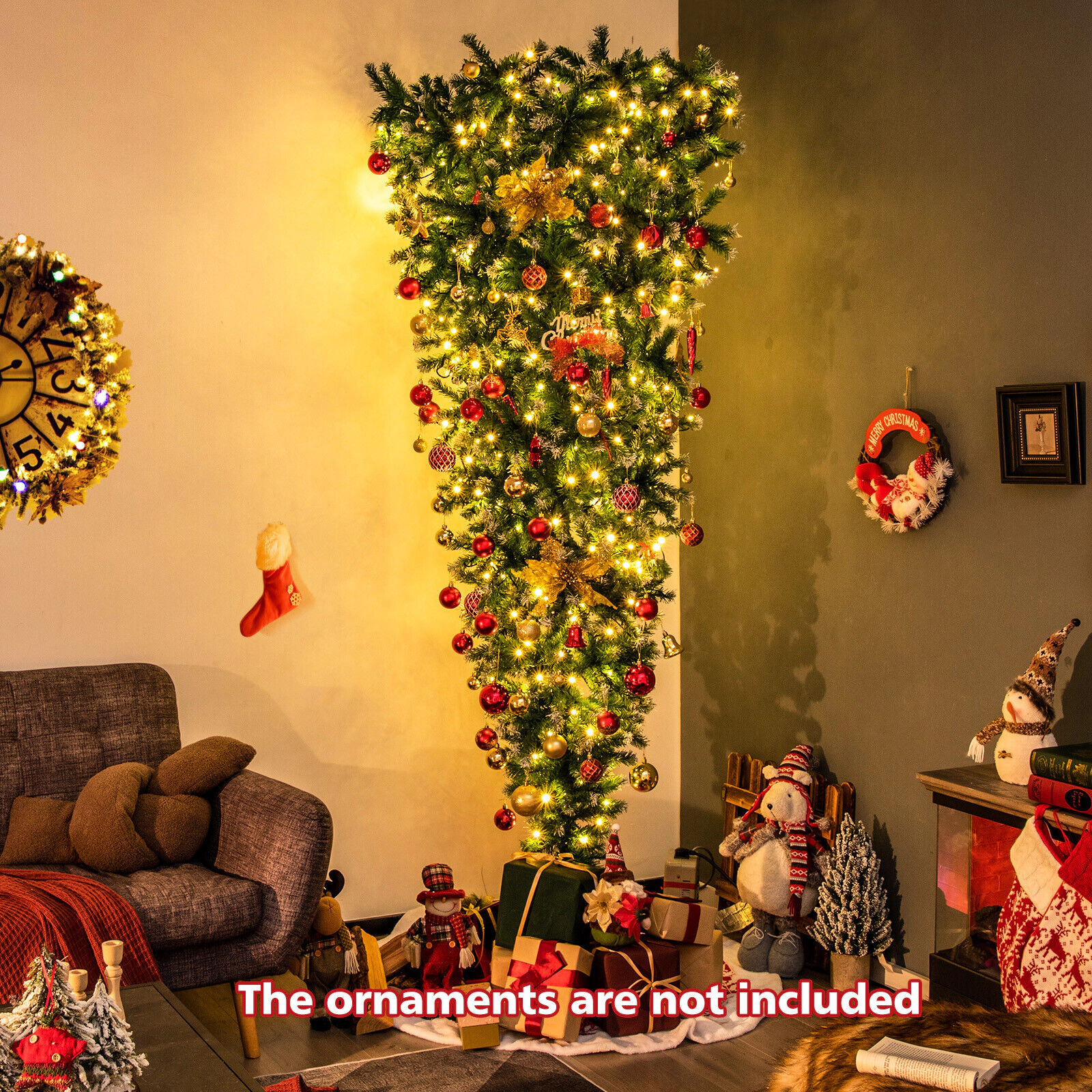 LJG 7.5 Feet Pre-Lit Snowy Upside Down Christmas Tree 1100 Tips