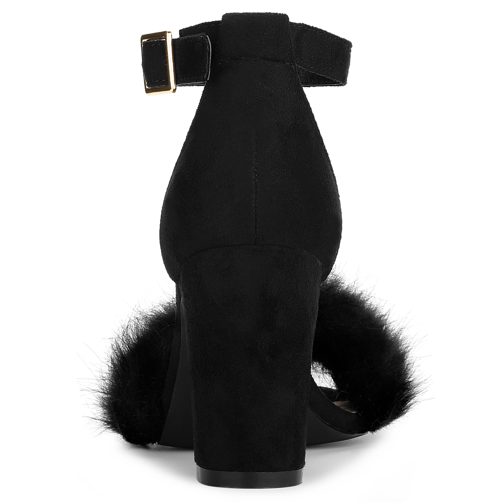 BLISSFUL STEP Women's Faux Suede Fur Ankle Strap Buckle Block Heels Sandals