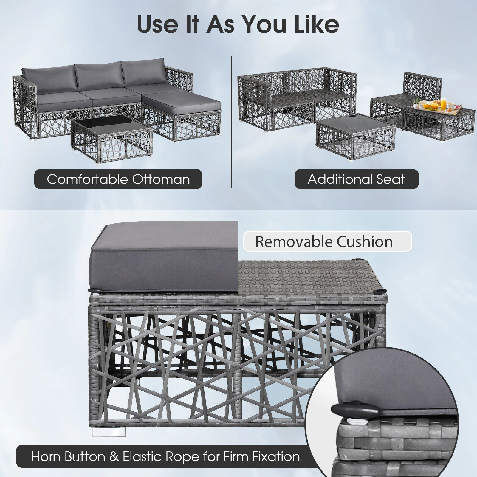 LJG 5 Pieces Patio PE Rattan Wicker Sofa Furniture Set