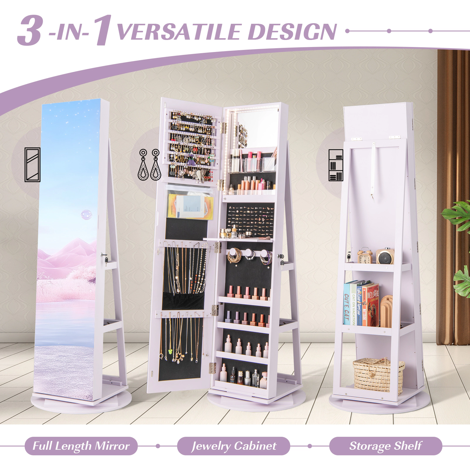 SUGIFT White 360-Degree Rotating Jewelry Armoire Standing Mirror with Folding Makeup Table and LED Modes