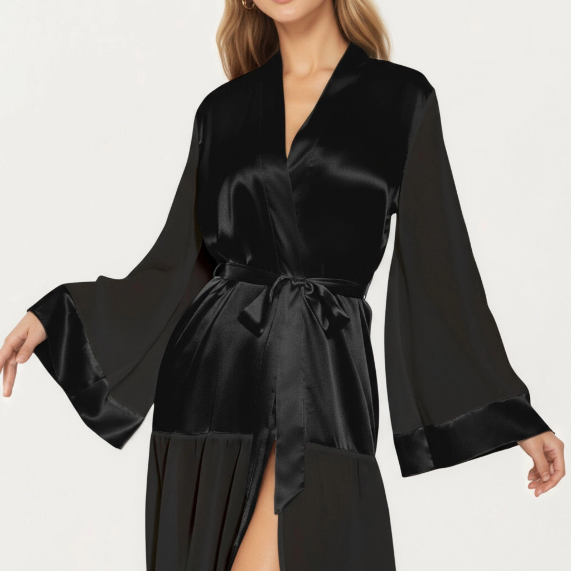 Anna-Kaci Women's Long Satin Robe with Belted Waist and Wide Sleeves