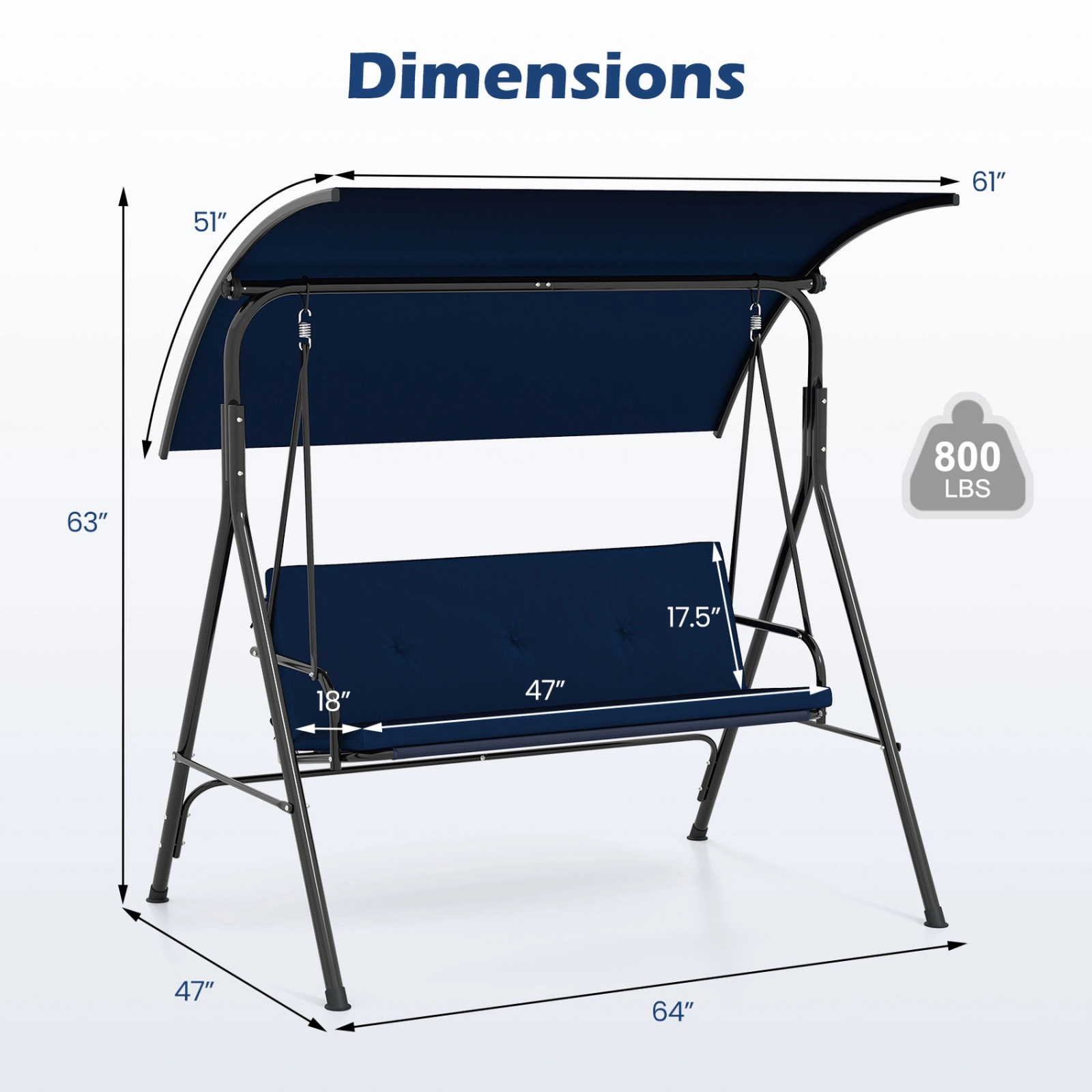SUGIFT Patio Swing Chair with Adjustable Canopy and Removable Cushion Metal Frame 800-lb Capacity 2-Person Navy