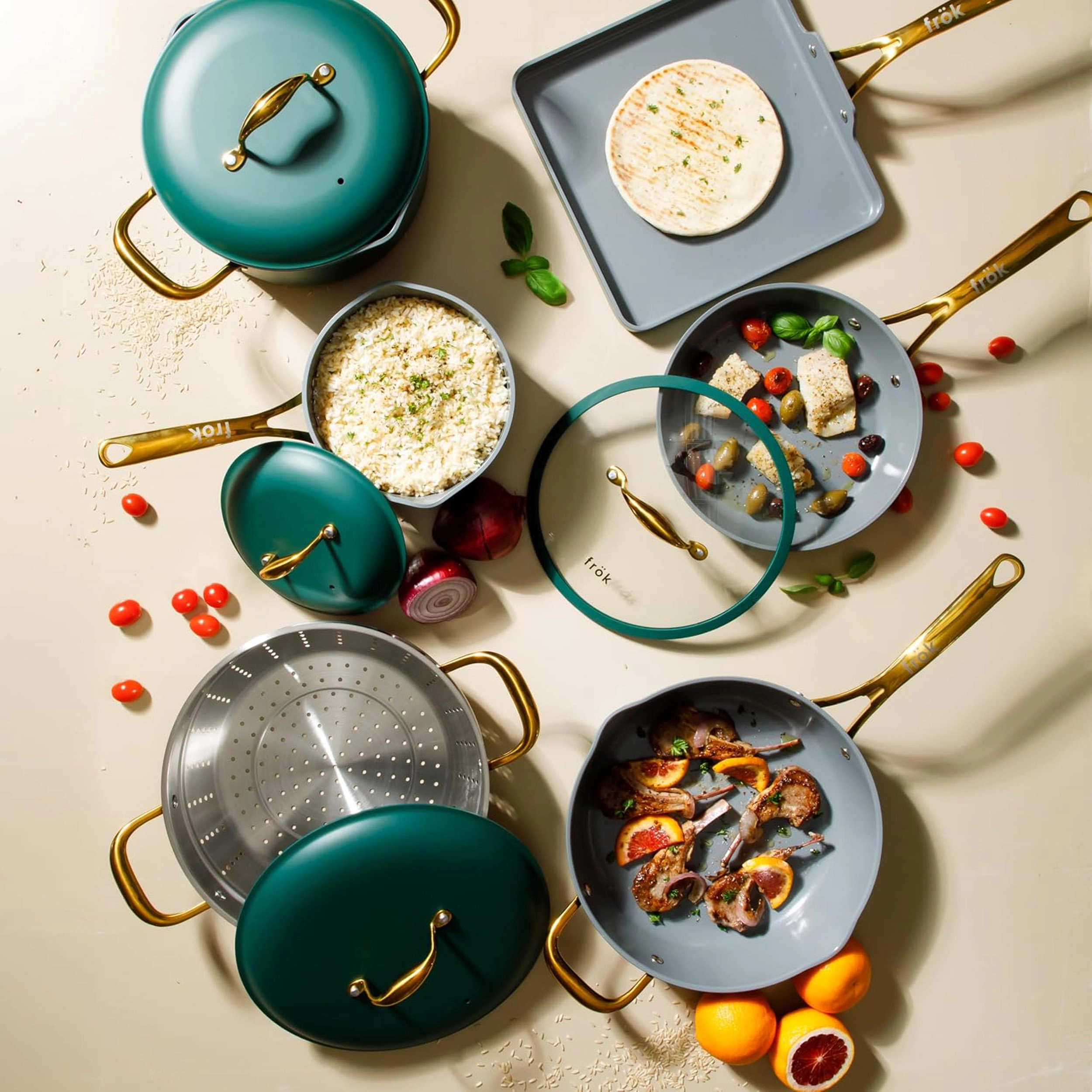 Frok 10 Piece Cearmic Nonstick Aluminum Cookware Set in Green with Gold Handles