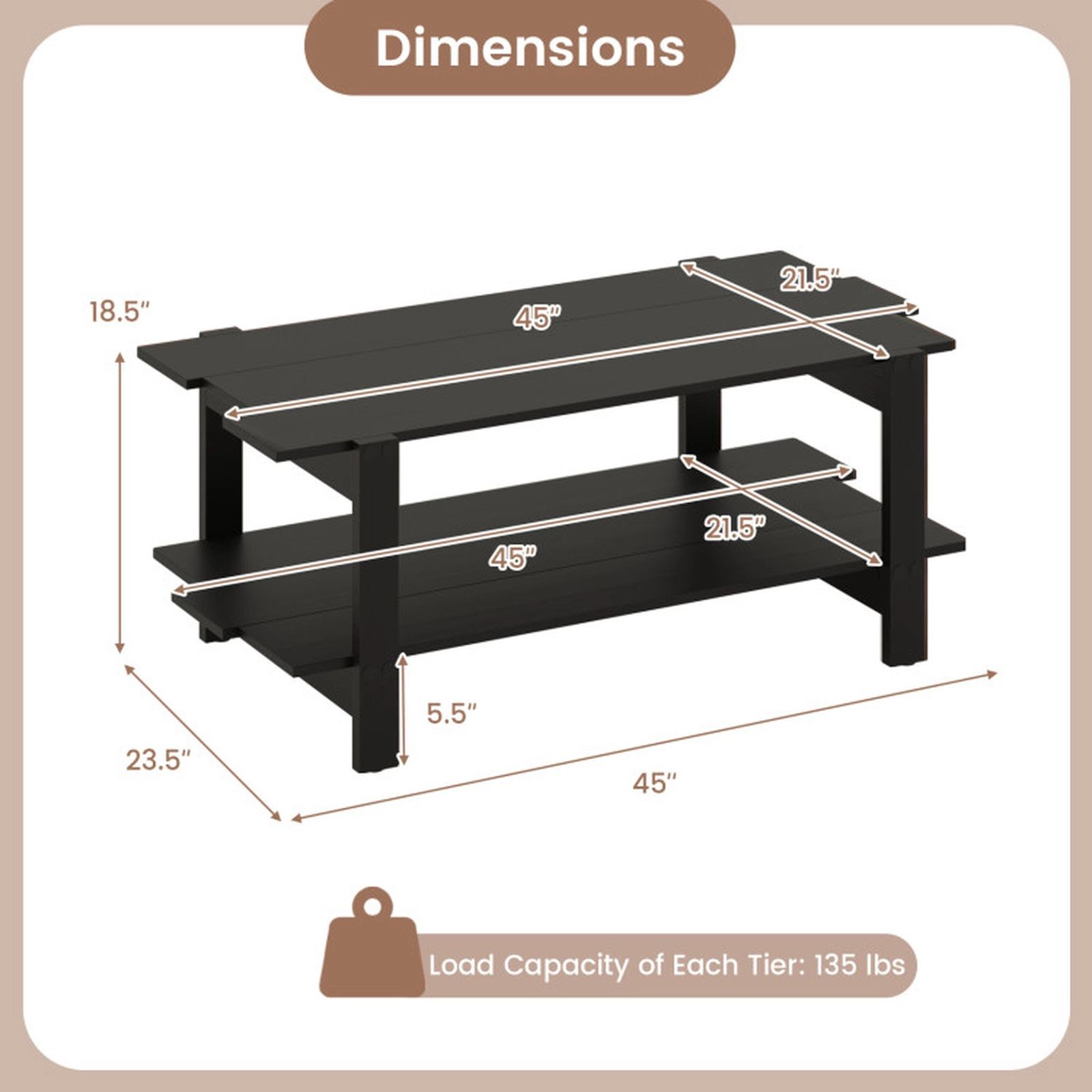 SUGIFT 2-Tier Slatted Wood Hidden Crossbar Open Storage Coffee Table 45-in x 23.5-in x 18.5-in 135-lb per Shelf Black