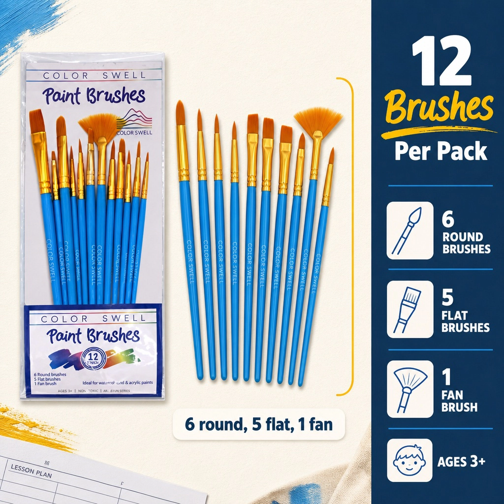 Color Swell Bulk Paint Brushes, 18 Pack, 12 Brushes per Pack (216 Total)